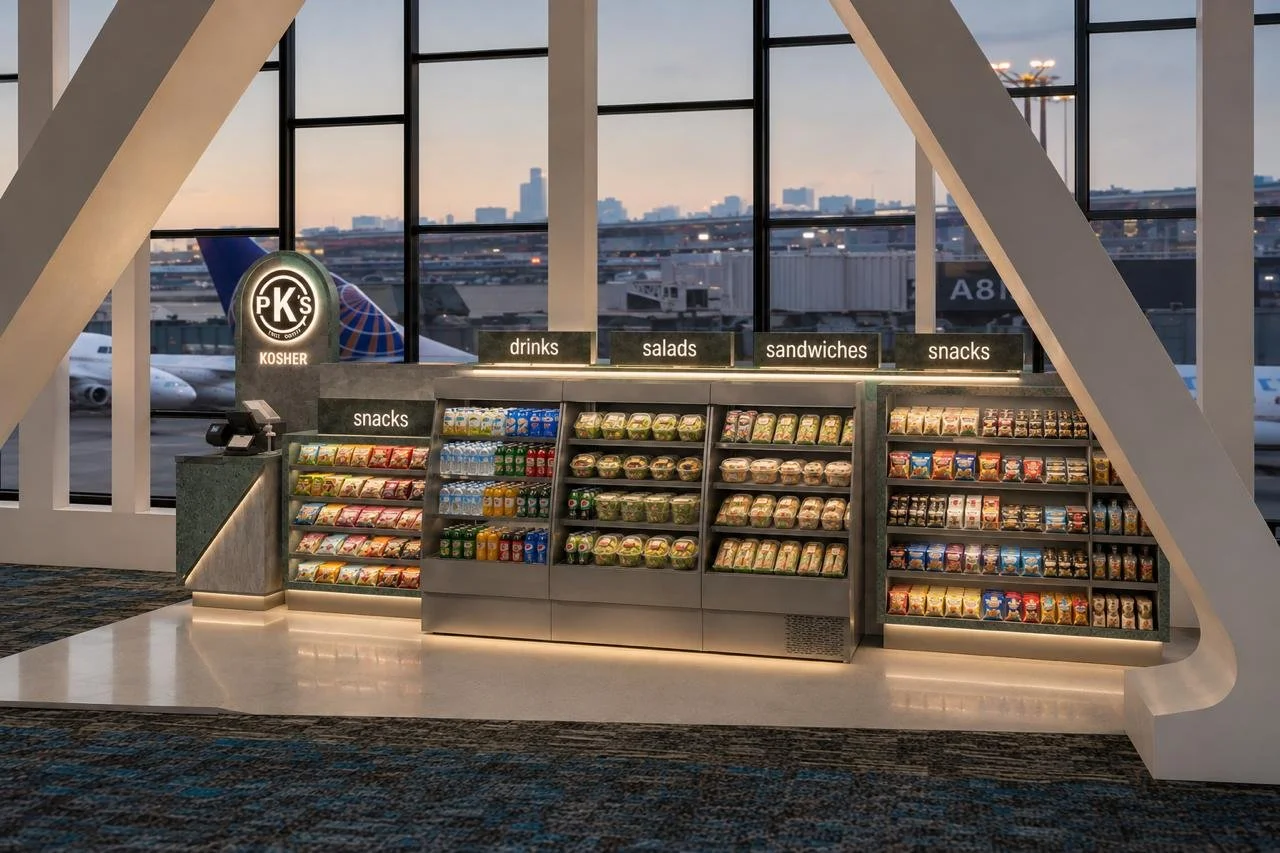 Custom Made Snack and drink food kiosk at LGA Terminal B with large windows and airplanes visible outside.