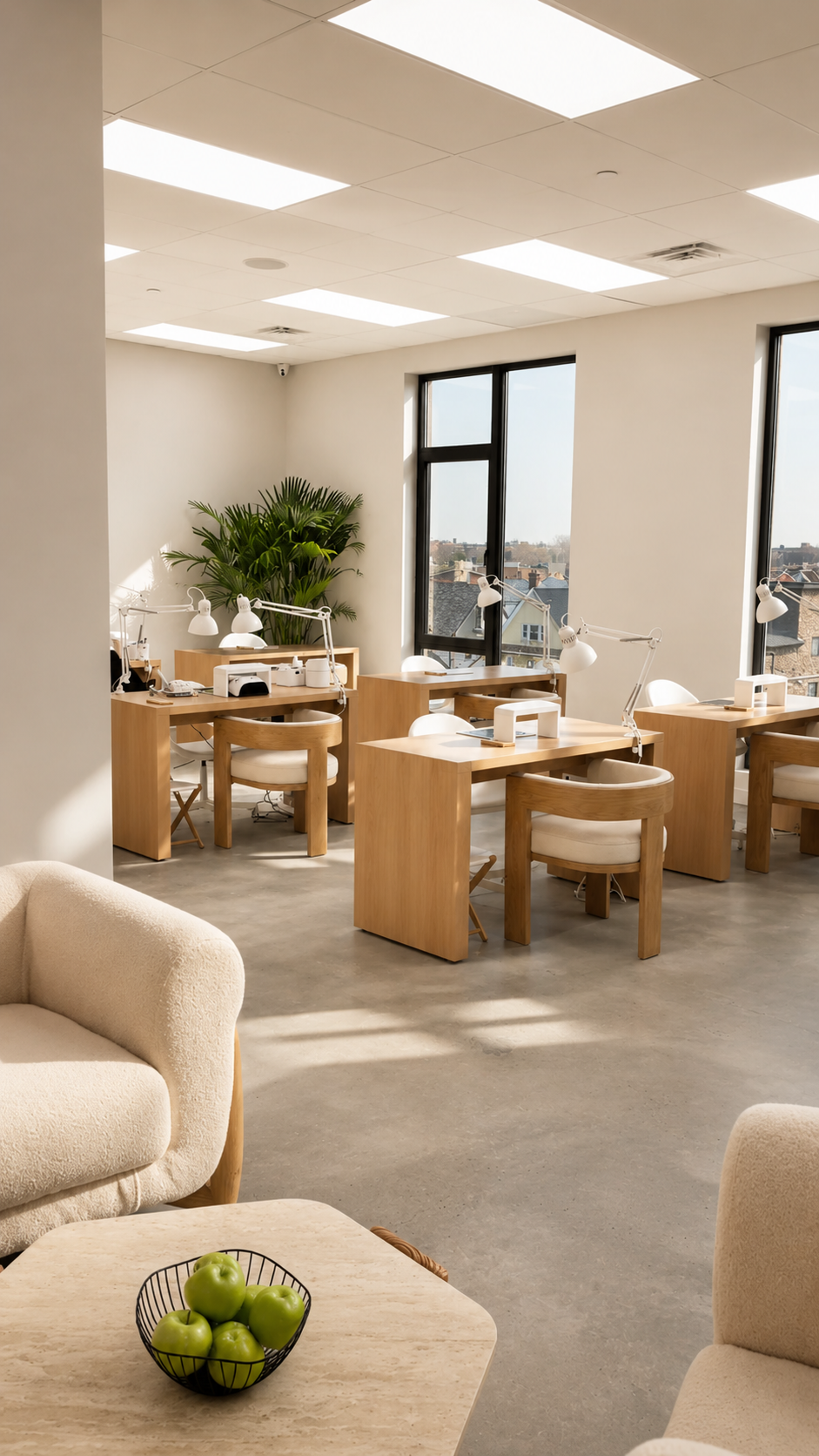 Bright office space with multiple wooden desks, white chairs, desk lamps, large windows showing city views, a potted plant, and a seating area with cream-colored chairs and a wooden table with green apples in a wire basket.