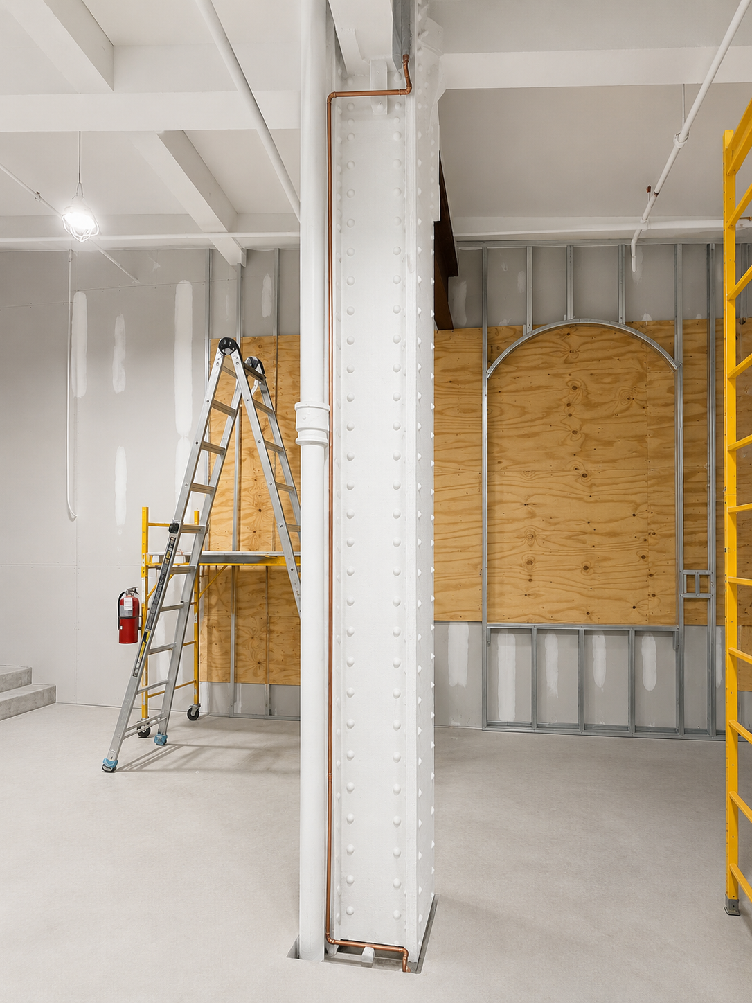 Interior of a building under construction with metal framing, a ladder, wooden boards, and construction tools and materials.