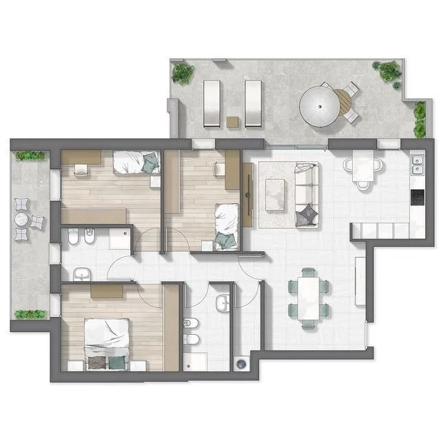 Floor plan of a residential apartment with three bedrooms, two bathrooms, a living room, a kitchen, a dining area, and a patio with outdoor seating and greenery.