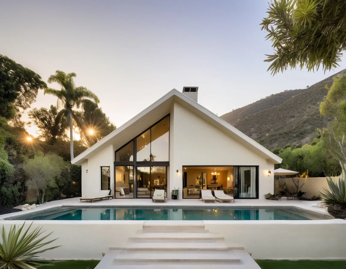 Modern white house with large glass windows, a swimming pool in front, and surrounded by lush green trees and hills.