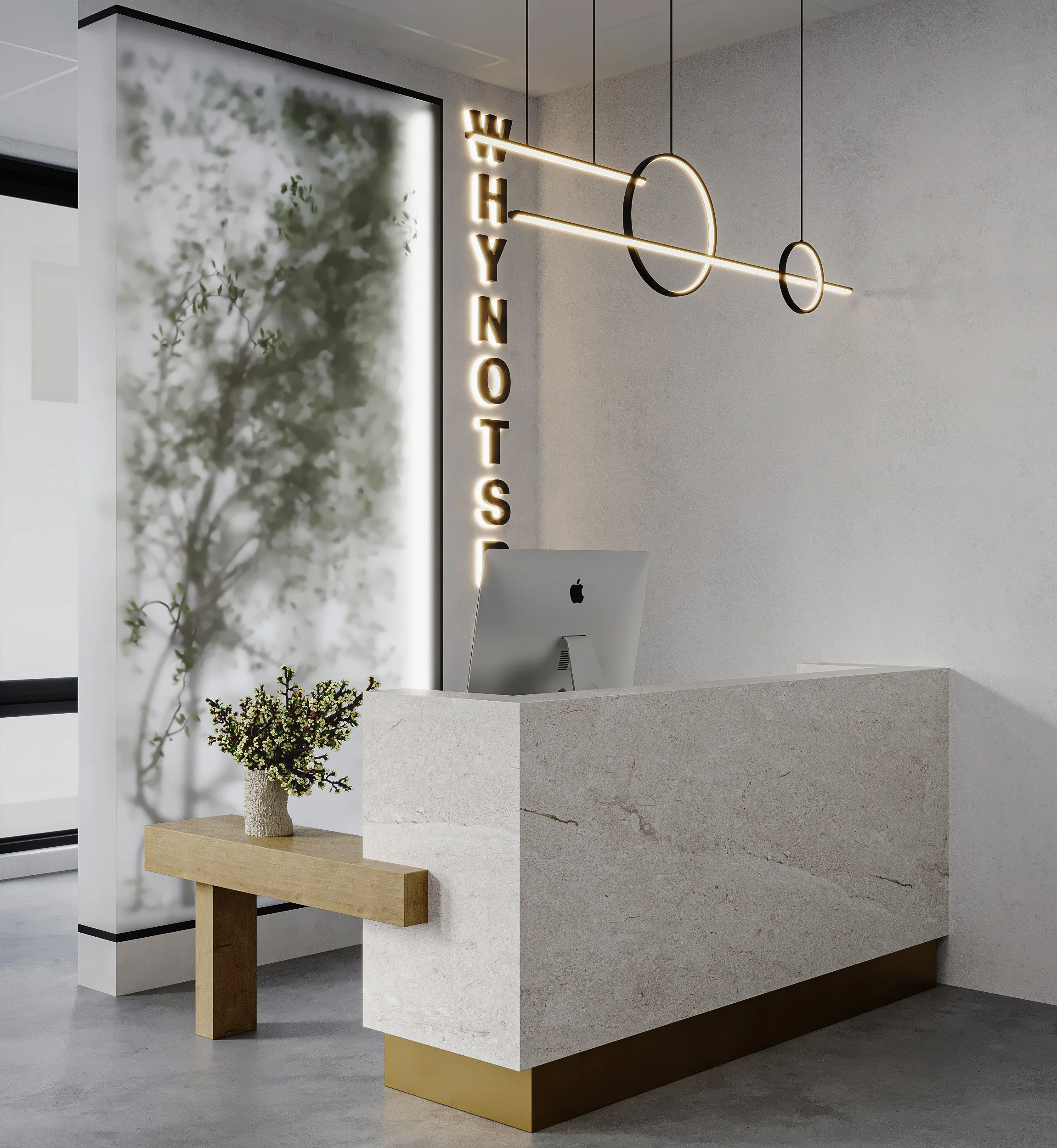 Modern reception desk with illuminated vertical sign that reads "HYNOT" and decorative black circles with horizontal light tubes. A potted plant with a textured white pot sits on the desk.