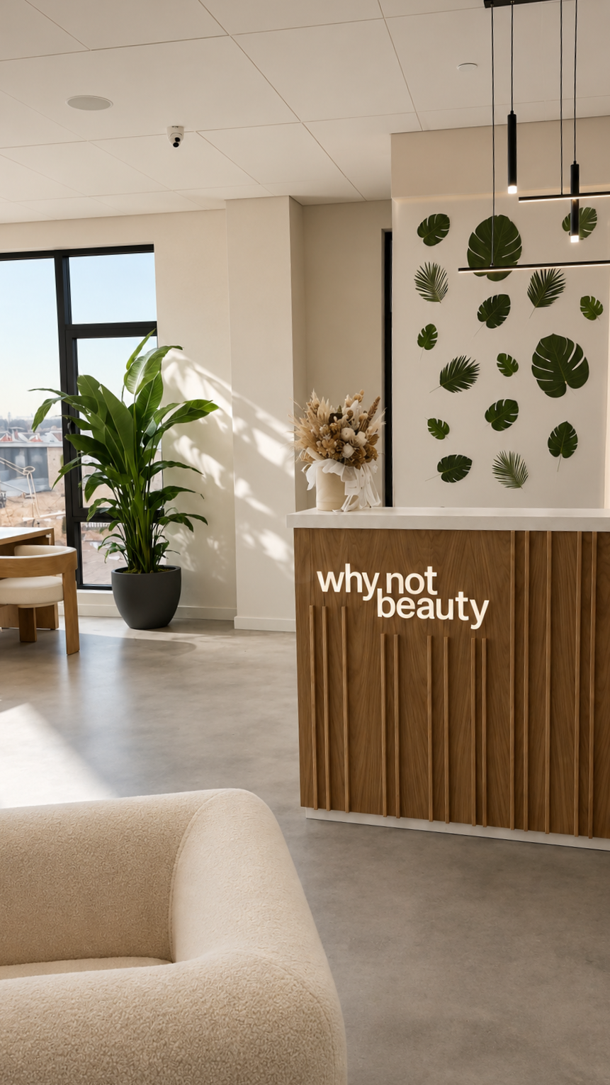 Interior of a modern beauty spa or salon with natural decor, including large green indoor plants, a reception desk with the sign 'why not beauty', and a wall decorated with green tropical leaves.