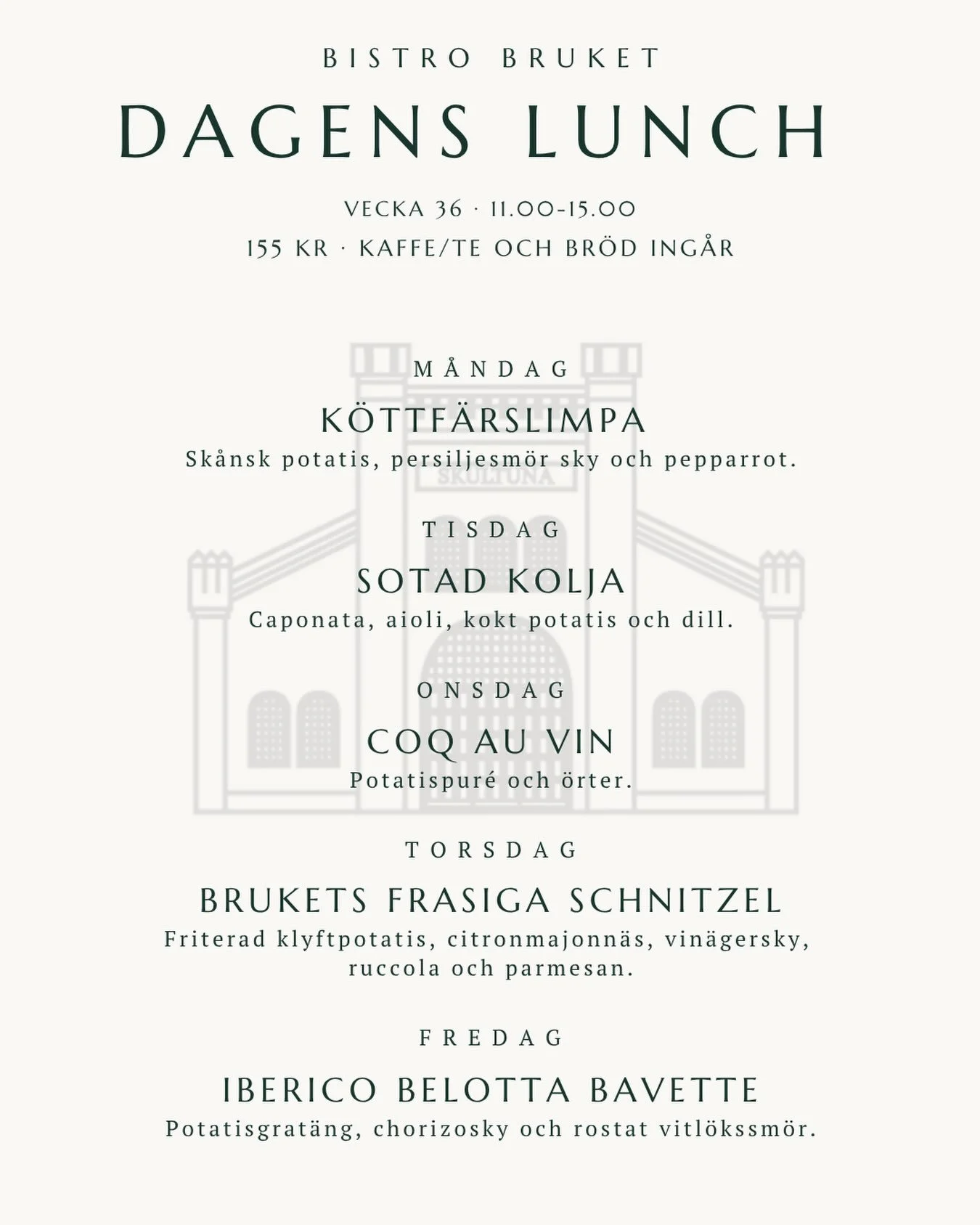 ⭐️ Lunchmeny f&ouml;r vecka 36 ⭐️

Varmt v&auml;lkomna!