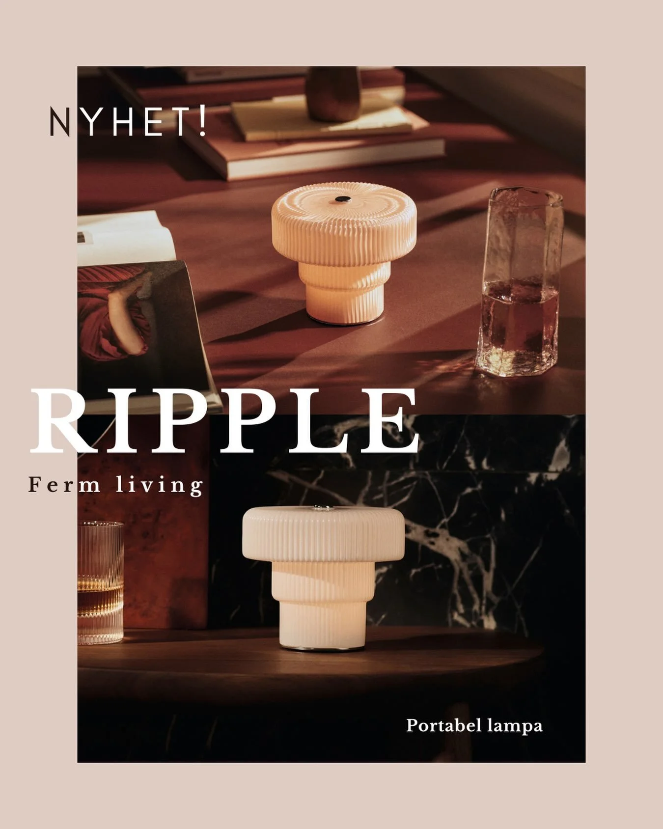 RIPPLE 💡
Skapa mjuk belysning i ett rum med den b&auml;rbara Ripple Lampan. Den &auml;r tillverkad av munbl&aring;st glas med r&auml;fflad yta och ger ett varmt, d&auml;mpat ljus. Den kompakta designen och de tre ljusstyrkorna &auml;r perfekta f&oum