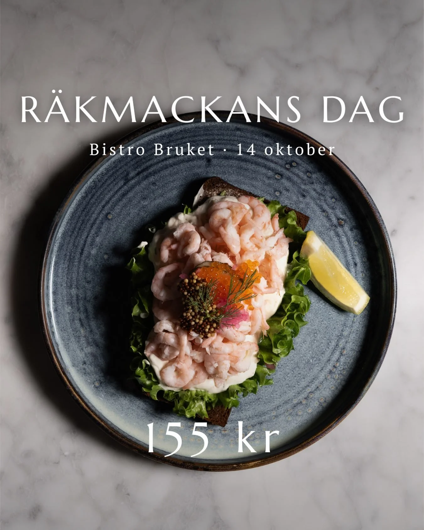 R&Auml;KMACKANS DAG 🍋🦐
Onsdag 14 oktober

Det vill vi s&aring;klart fira p&aring; Bruket!
Hela onsdagen serverar vi v&aring;r popul&auml;ra r&auml;ksm&ouml;rg&aring;s f&ouml;r endast 155 kr (ord. pris 225 kr)

Bjud med n&aring;gon du tycker om p&ar
