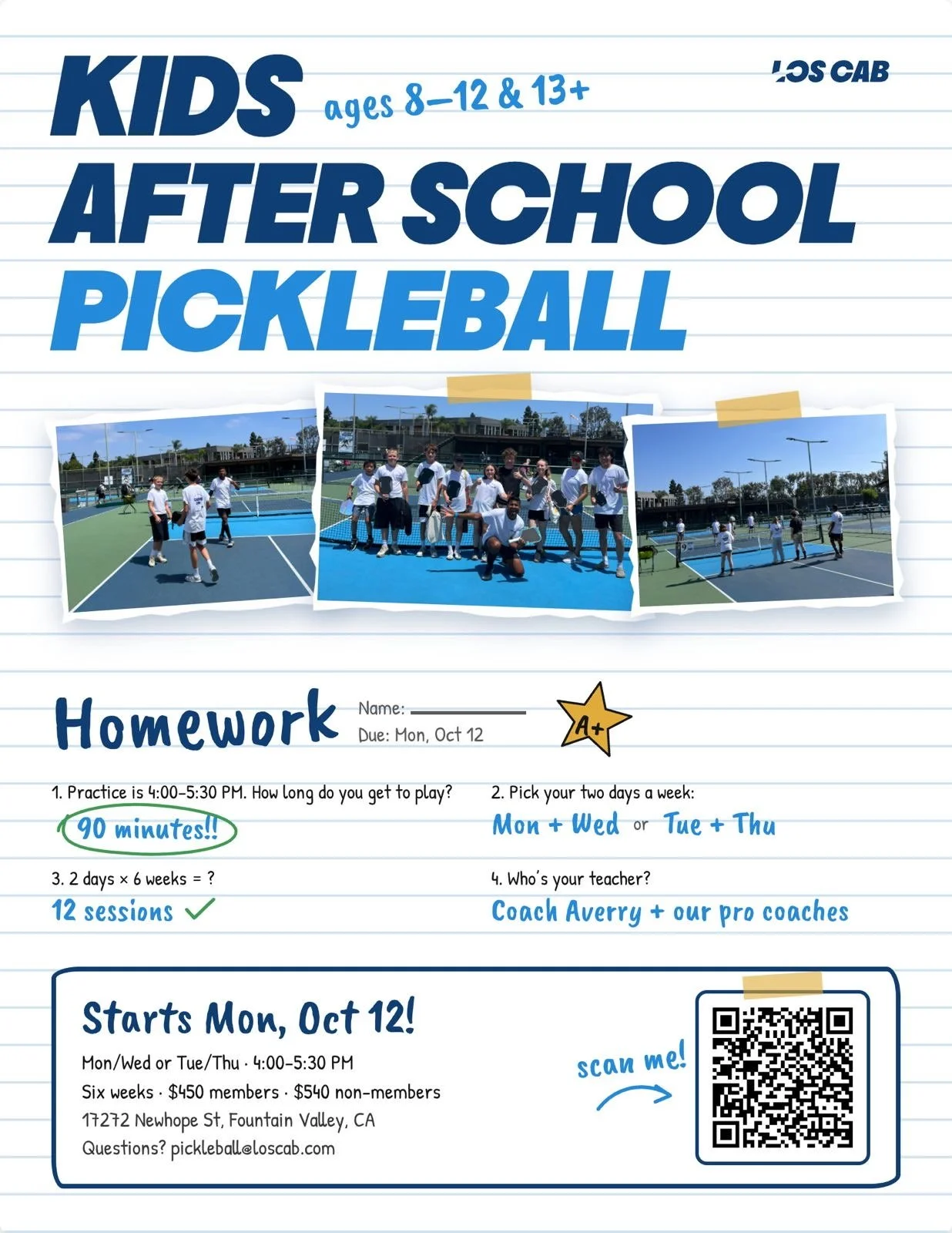 Flyer for kids after school pickleball program for ages 8–12 and 13+. Contains photos of children playing pickleball on tennis courts, with homework details, practice schedule, and contact information.