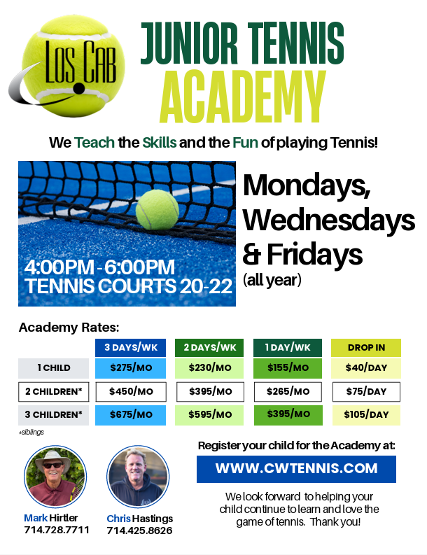 Flyer for Los Cab Junior Tennis Academy featuring a tennis ball hitting a net on a blue court, with program schedule and rates, contact information, and website URL.