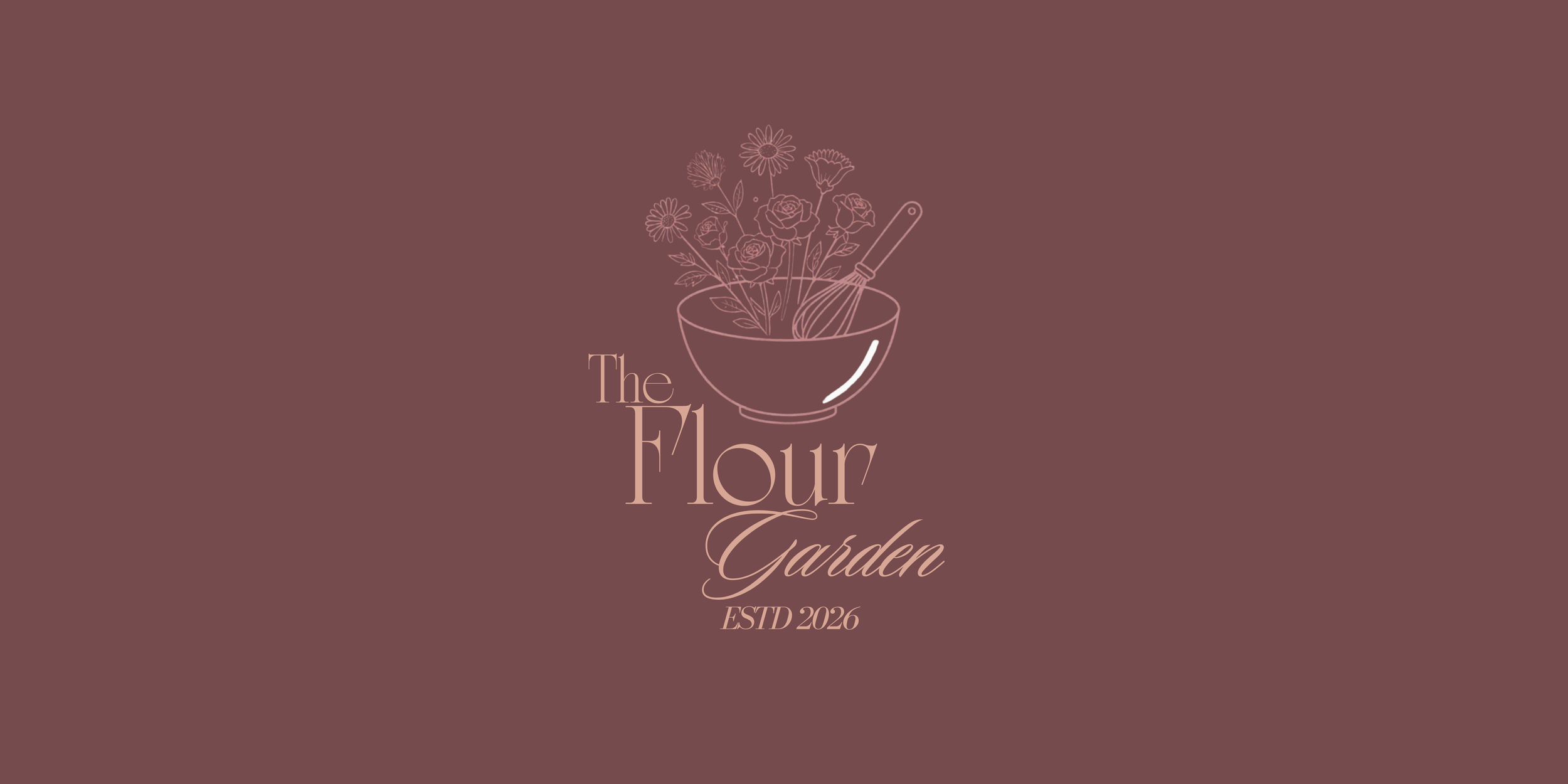 A logo for The Flour Garden with a line drawing of a bowl filled with flowers and a whisk, on a mauve background.