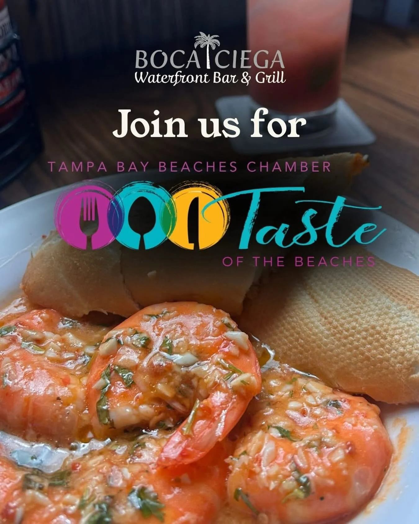 Taste your way through the beaches! 🌴🍤 From Oct. 3-11, Boca Ciega is joining Tampa Bay Beaches Chamber for Taste of the Beaches 2026! For just $10, enjoy a 1/4 lb. of our award-winning Yucatan Shrimp, served with warm bread and your choice of a dra