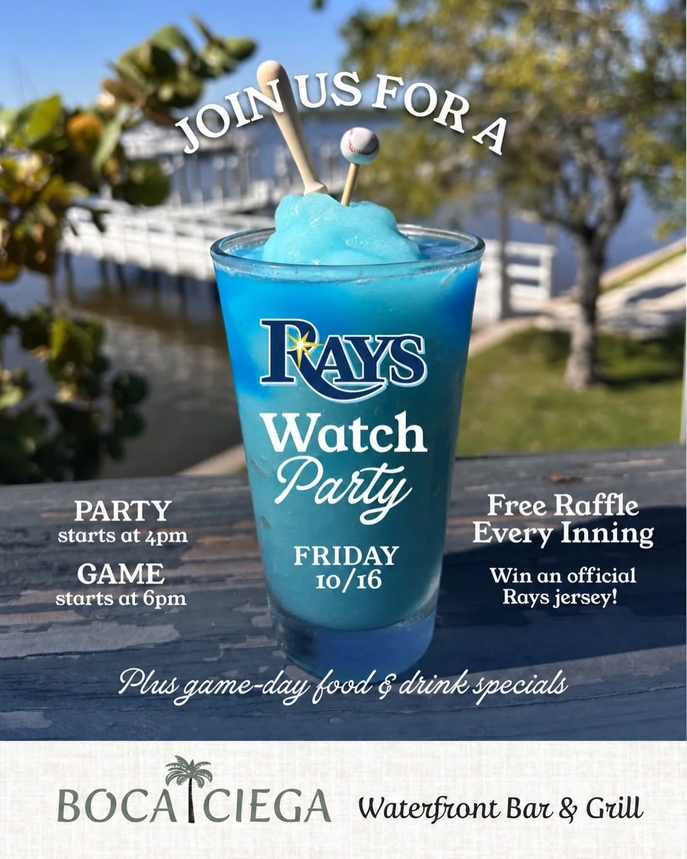⚾💙 UPDATE: NEW WATCH PARTY DATE! Due to a change in the game schedule, our Rays Watch Party has moved to Friday, Oct. 16!

Rays baseball, waterfront views and game-day specials! Join us at Boca Ciega as we cheer on the home team, with the sound on a