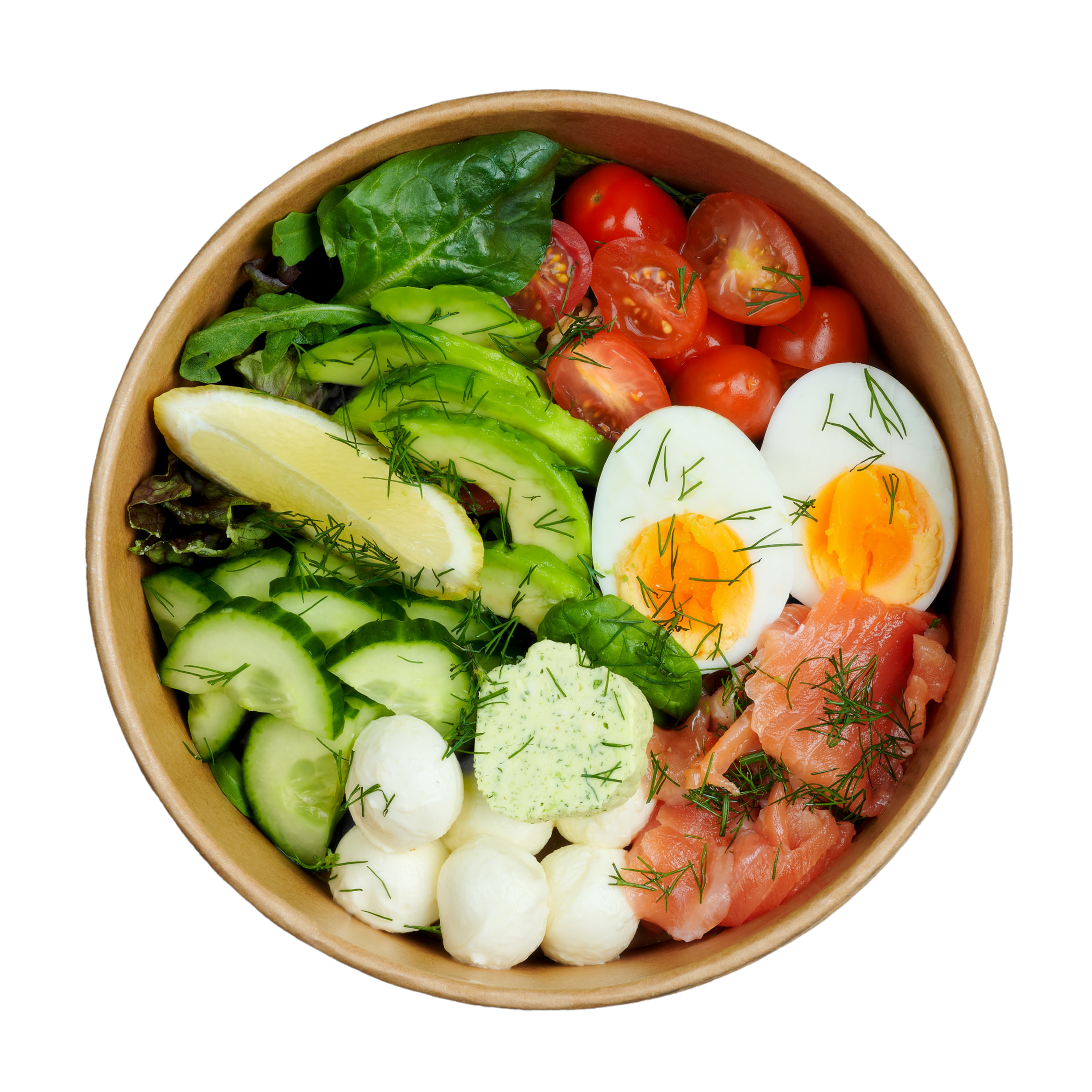 A bowl filled with fresh vegetables including halved cherry tomatoes, sliced cucumbers, boiled eggs, lemon wedge, and various greens garnished with dill. ZenBowl.