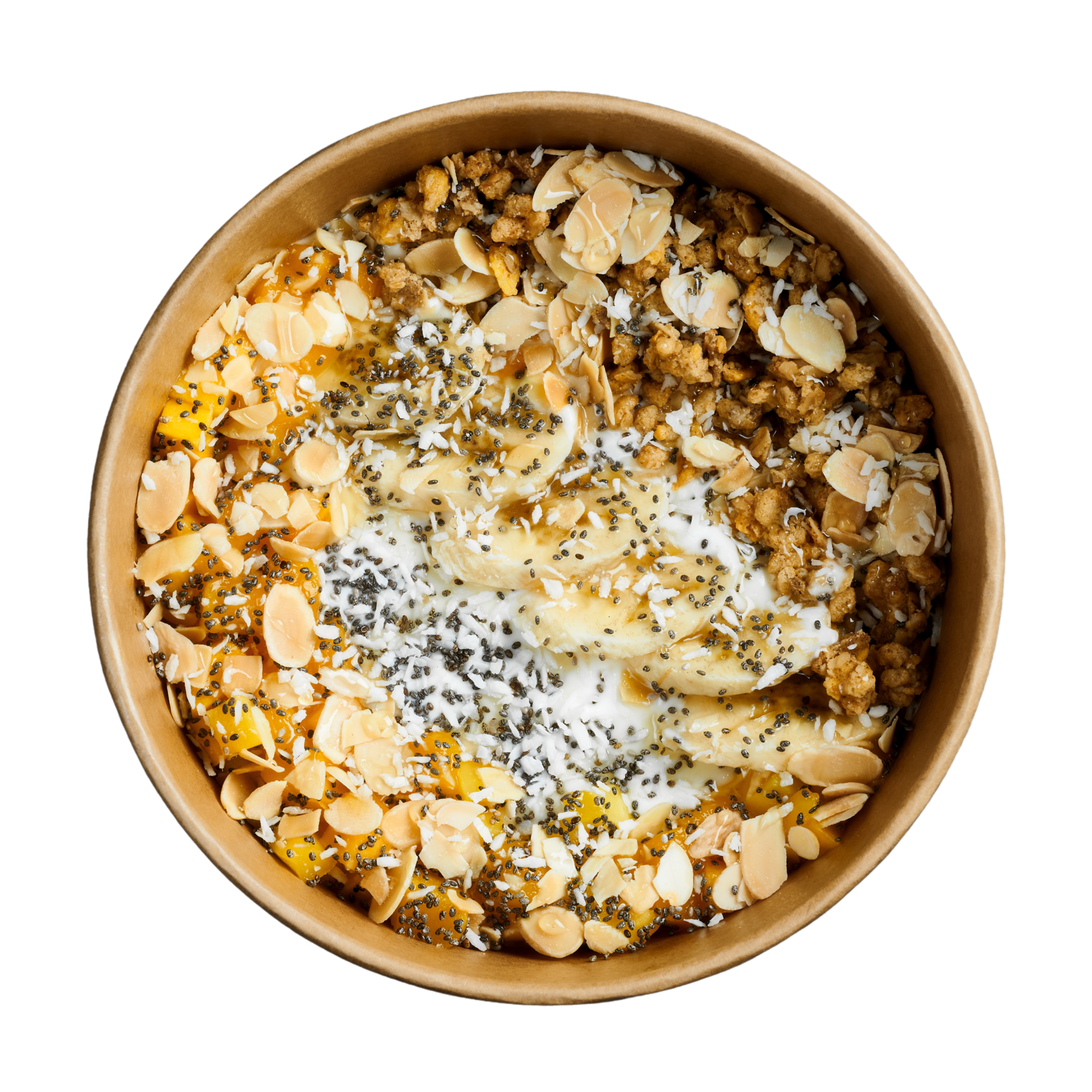 A top-down view of a round dessert with a wooden rim, decorated with sliced almonds, black and white sesame seeds, shredded coconut, and a drizzle of caramel sauce. ZenBowl.