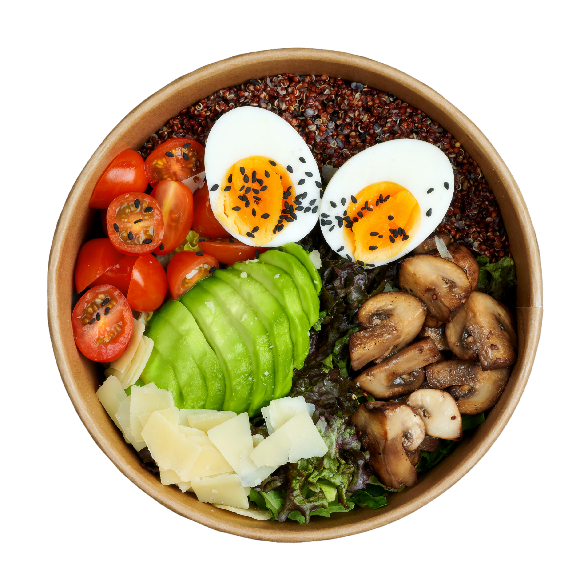 Close-up of a colorful salad in a wooden bowl with cherry tomatoes, halved boiled eggs sprinkled with black sesame seeds, sliced green vegetables, shredded cheese, and cooked mushrooms. ZenBowl.
