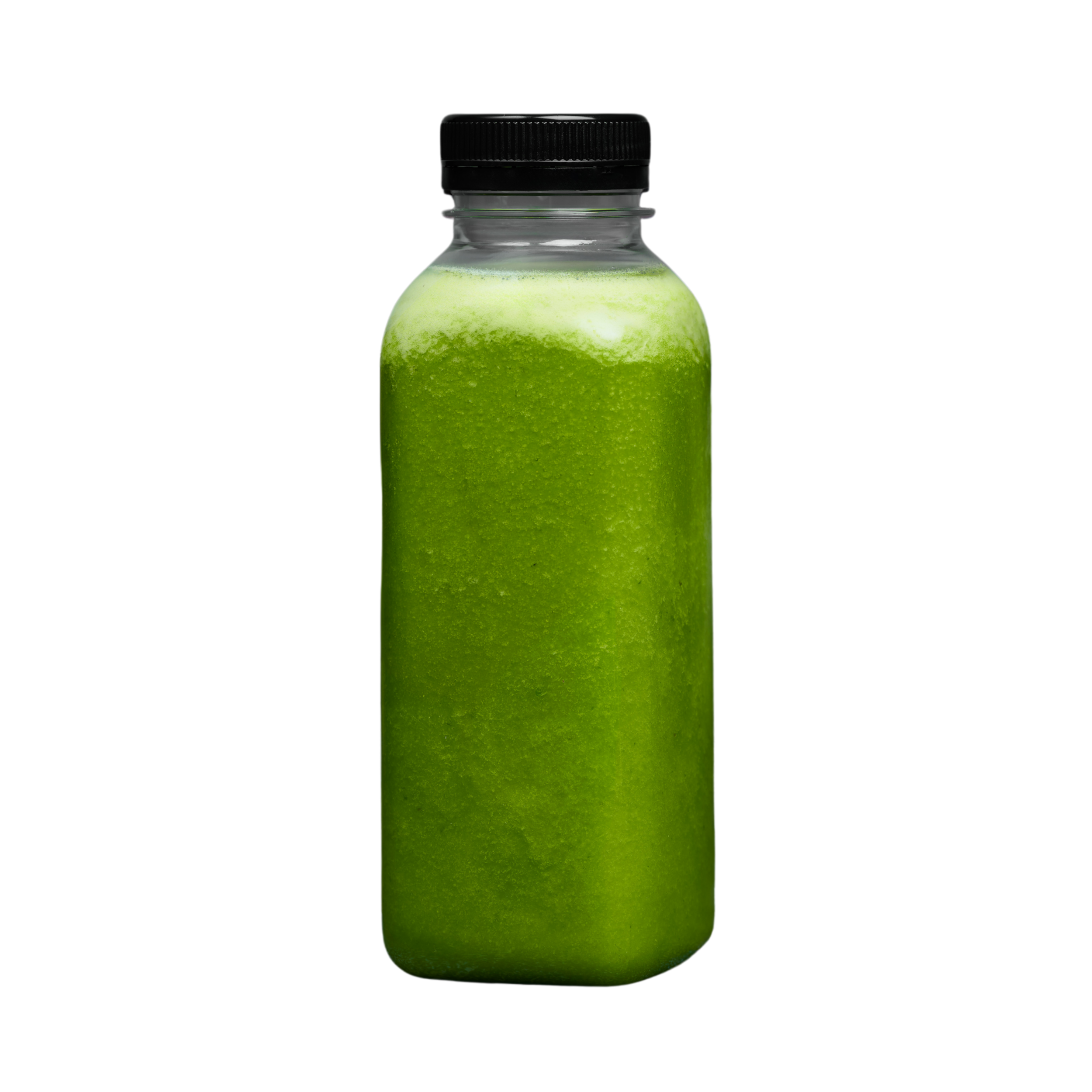 A glass bottle filled with a green smoothie or juice, with a black screw cap, against a black background.