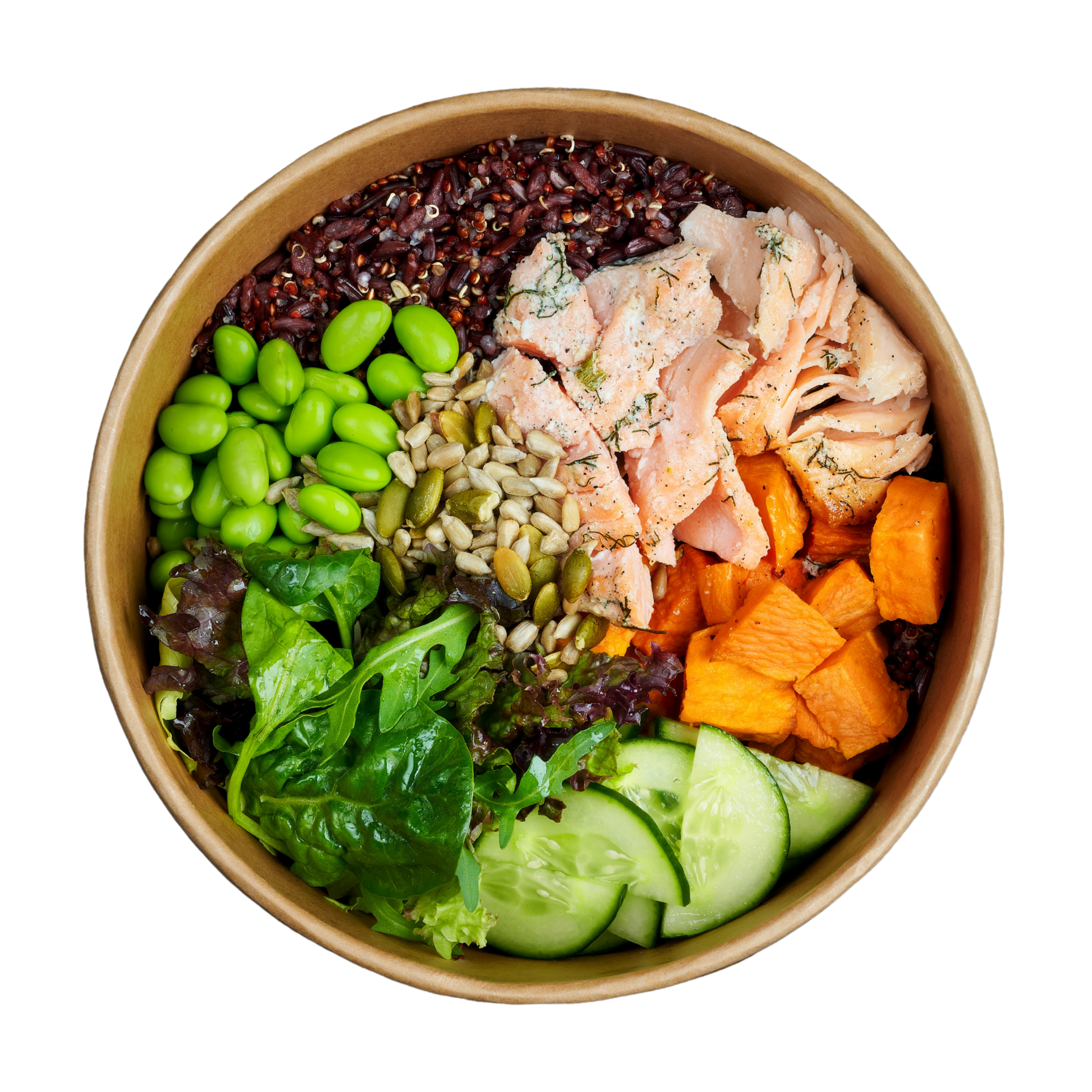 A round wooden bowl filled with colorful salad ingredients including black rice, green edamame beans, lentils, tuna, roasted sweet potatoes, and fresh greens. ZenBowl.
