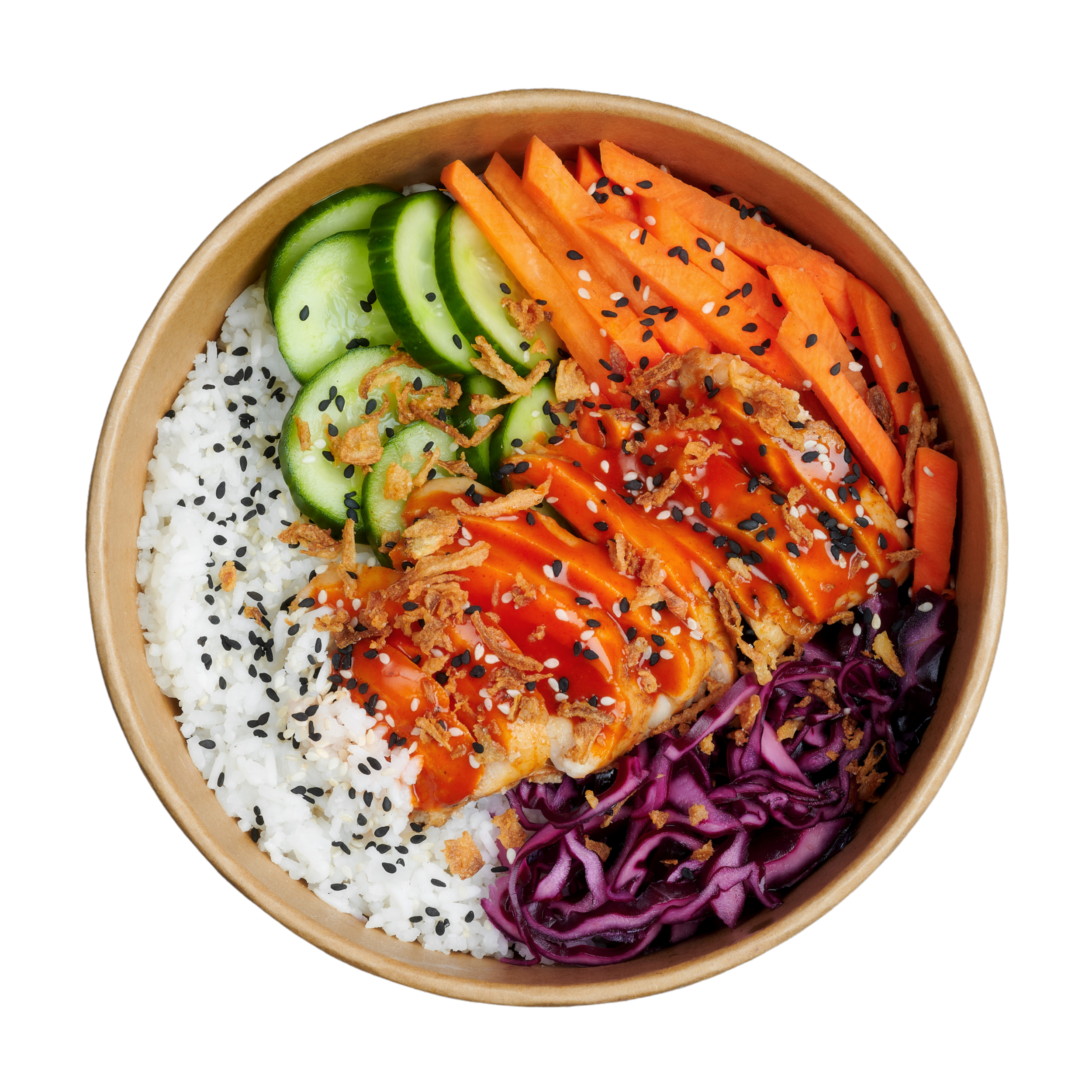 A round wooden bowl filled with sushi ingredients including sliced cucumbers, shredded carrots, purple cabbage, cooked rice sprinkled with black sesame seeds, fried onions, in a colorful presentation. ZenBowl.