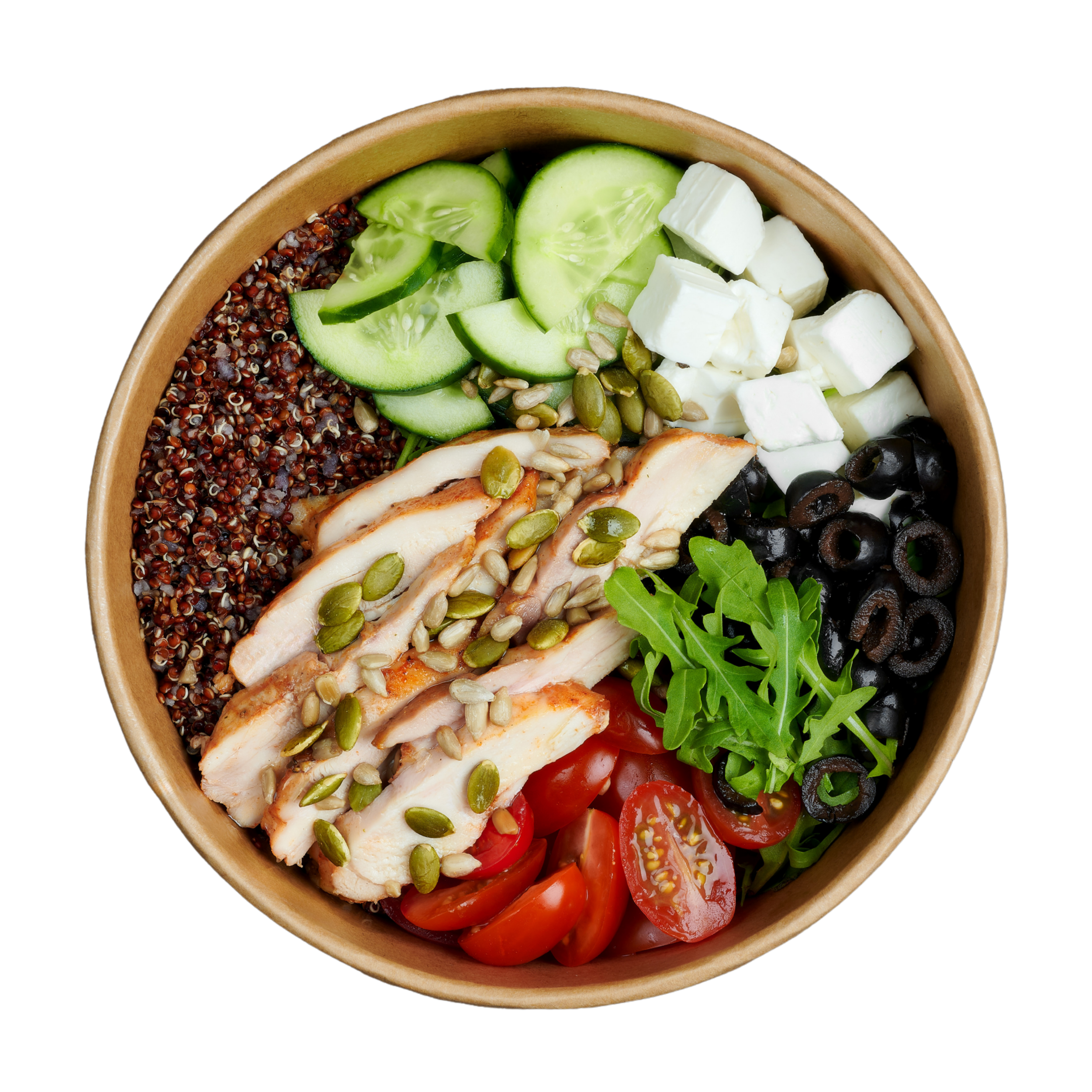 A round wooden bowl filled with various fresh vegetables and toppings, including sliced cucumbers, cherry tomatoes, feta cheese, black olives, arugula, pumpkin seeds, sunflower seeds, sunflower hearts, and red quinoa. ZenBowl.