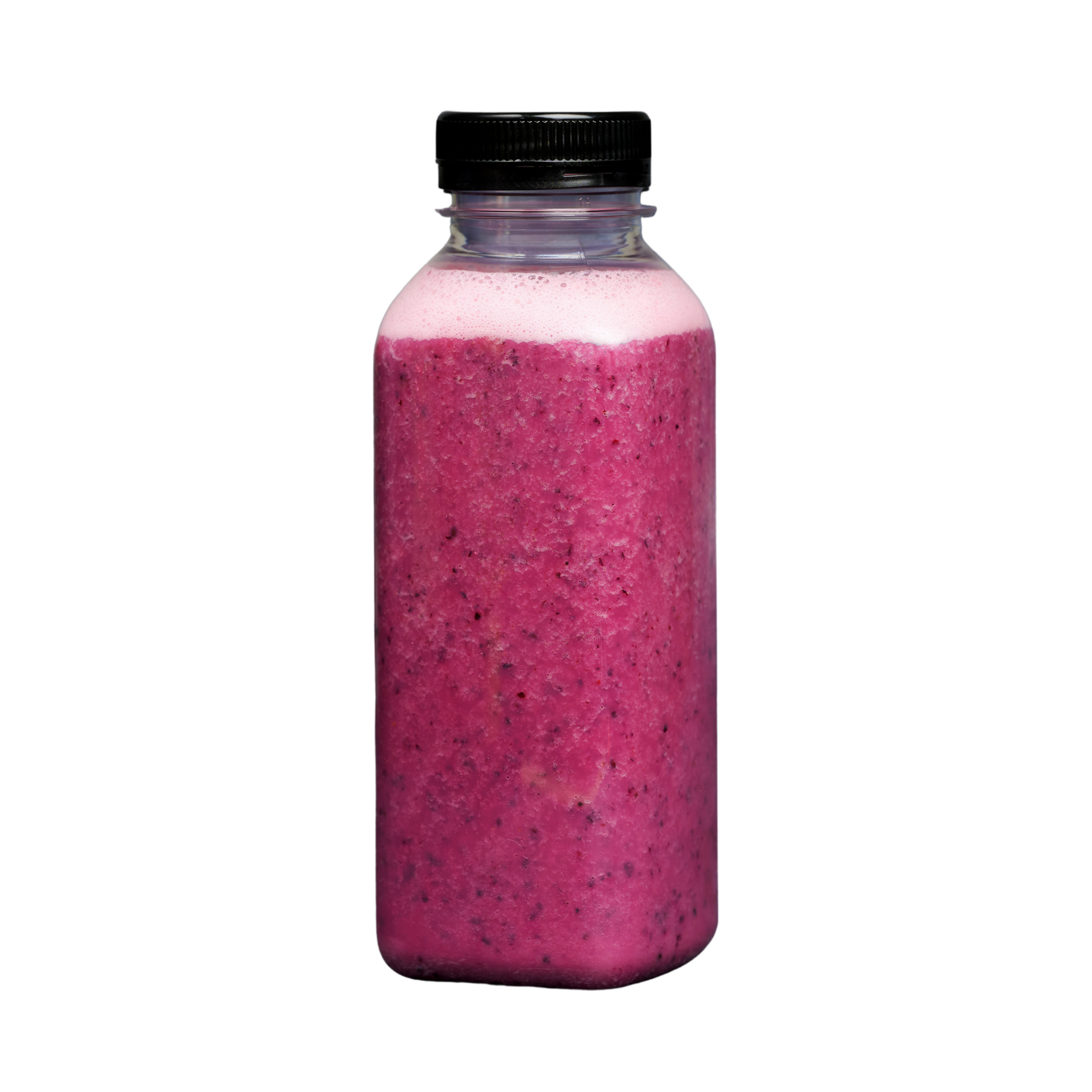A pink smoothie in a clear glass bottle with a black screw-on lid.