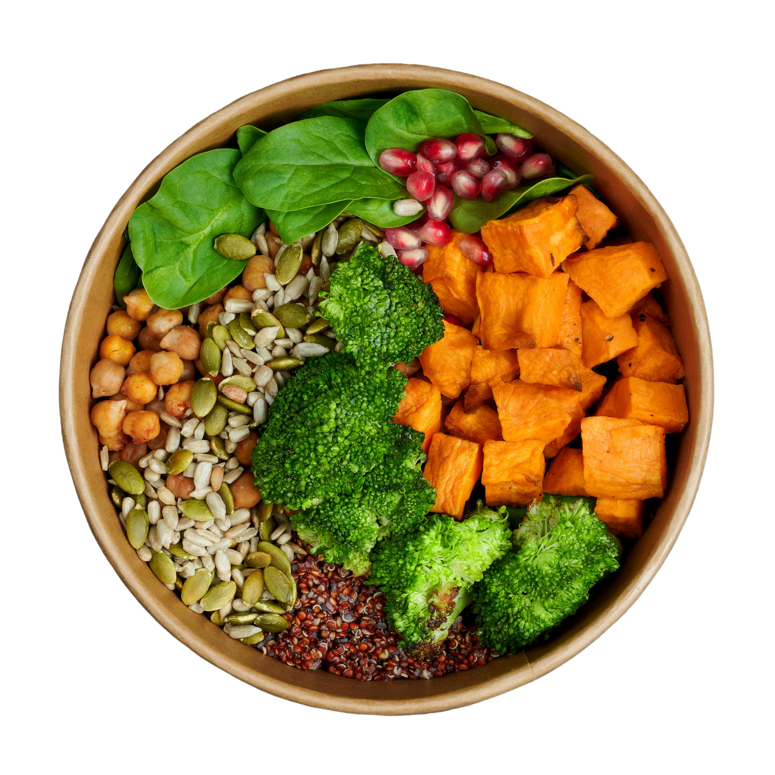 Top view of a wooden bowl filled with various colorful vegetables and grains, including spinach leaves, sweet potato chunks, broccoli, and quinoa. ZenBowl.