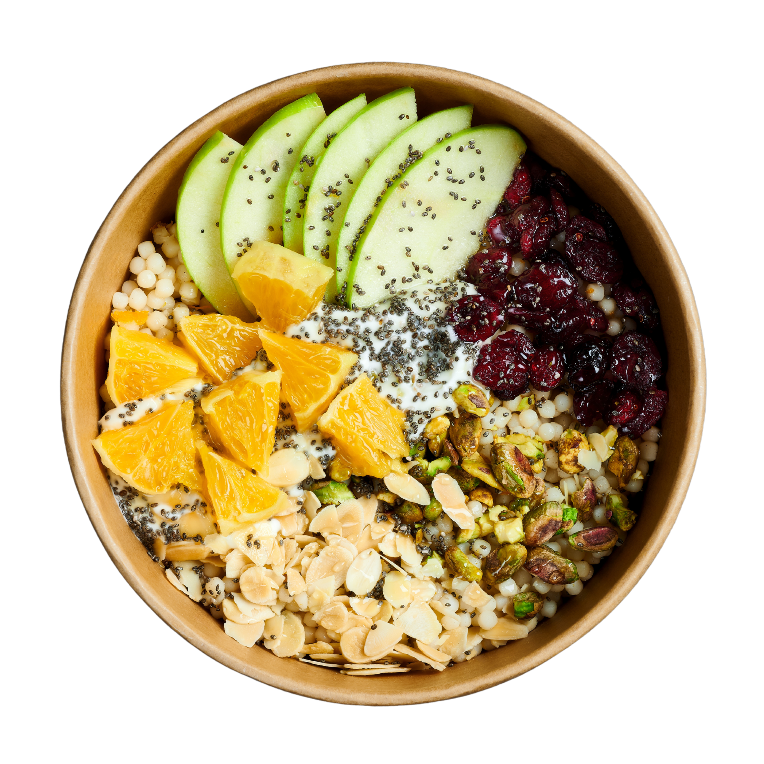 Close-up of a bowl filled with a variety of fresh sliced fruits, nuts, seeds, and granola. ZenBowl.