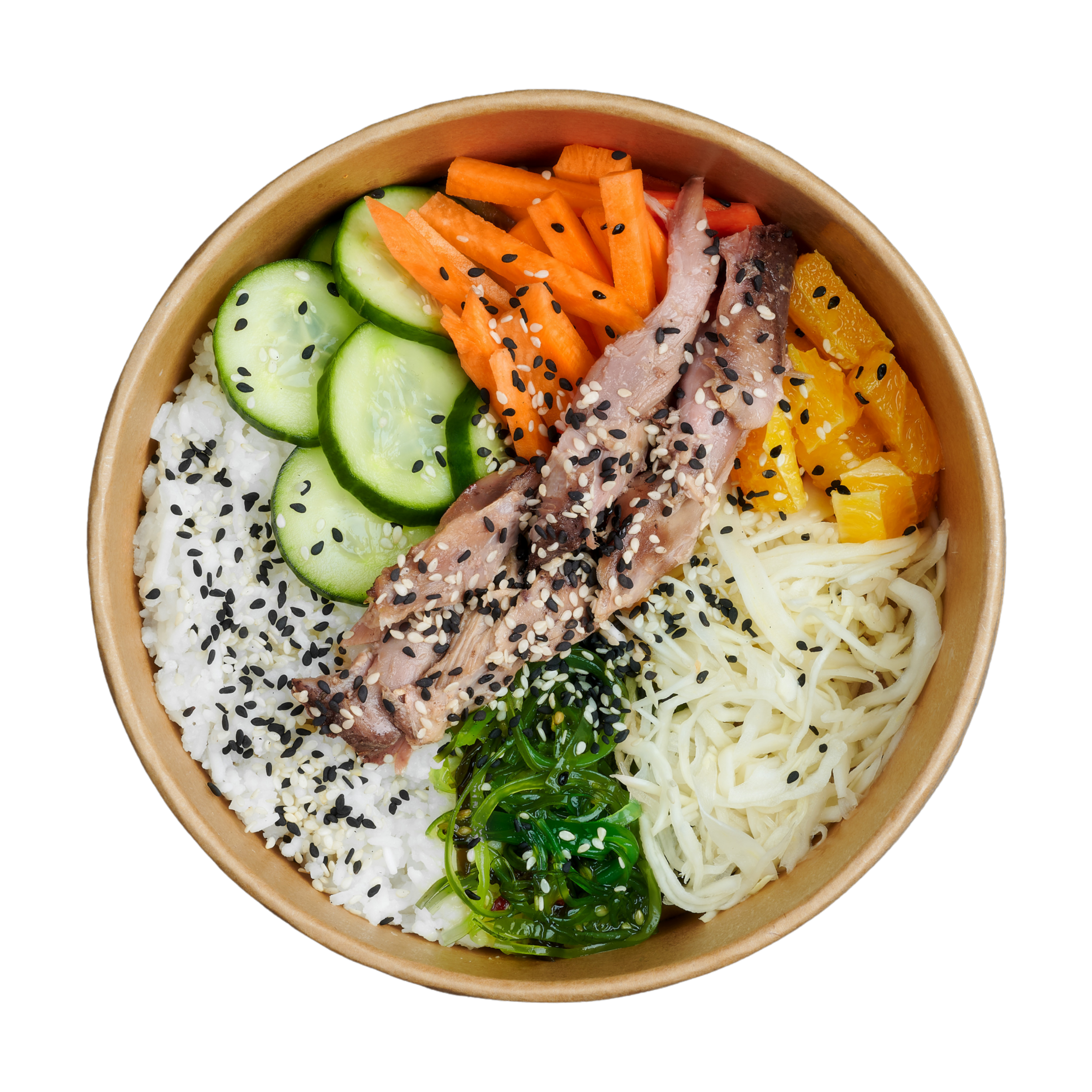 A bowl filled with rice, sliced cucumber, shredded carrots, grilled fish, orange pieces, shredded cheese, and seaweed garnished with black and white sesame seeds. ZenBowl.
