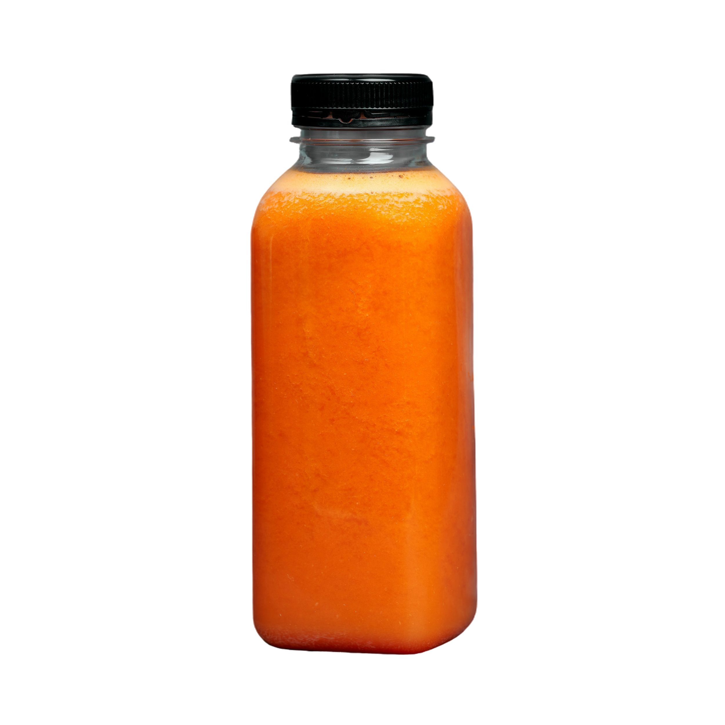 A small glass bottle with a black cap containing orange liquid.