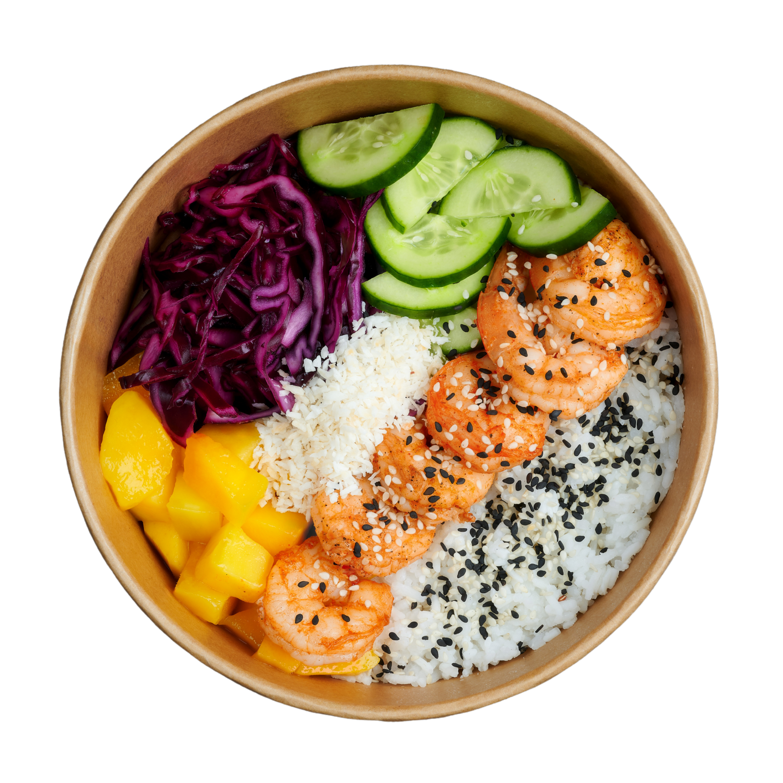 Bowl of rice topped with grilled shrimp, black and white sesame seeds, sliced cucumber, shredded purple cabbage, and diced yellow mango. ZenBowl.