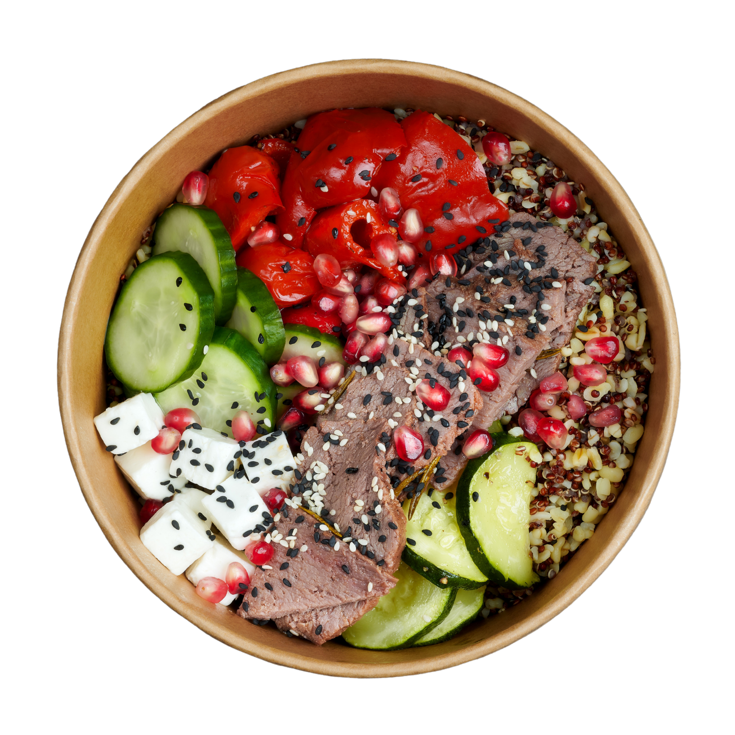 A bowl of salad with sliced cucumber, diced feta cheese, diced tomatoes, pomegranate seeds, black sesame seeds, mixed grains, and slices of beef. ZenBowl.
