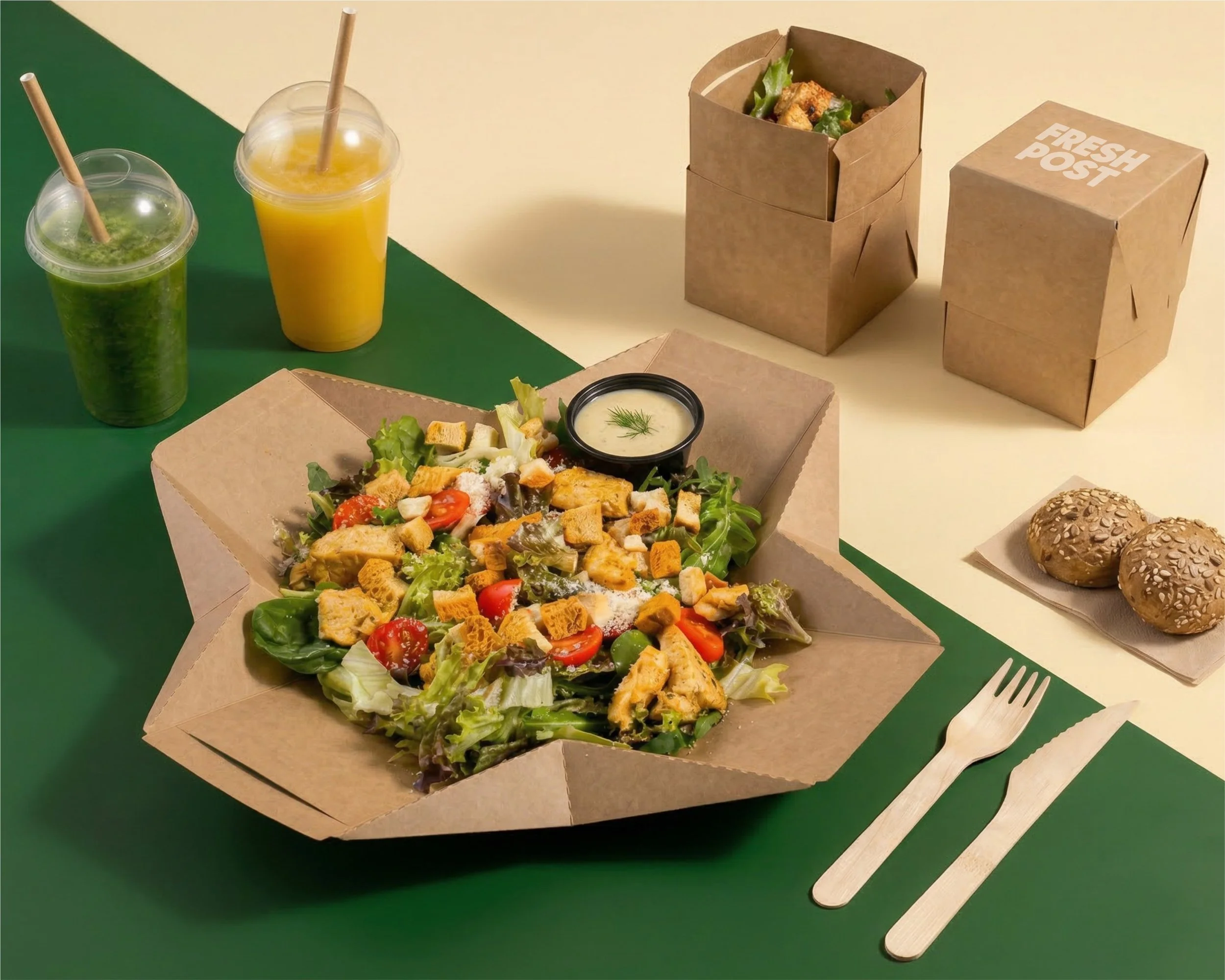 To-go salad in a cardboard box with croutons, cherry tomatoes, greens, and dressing, along with two sesame seed buns, two drinks (one green, one orange), and a fork on a green and beige table.