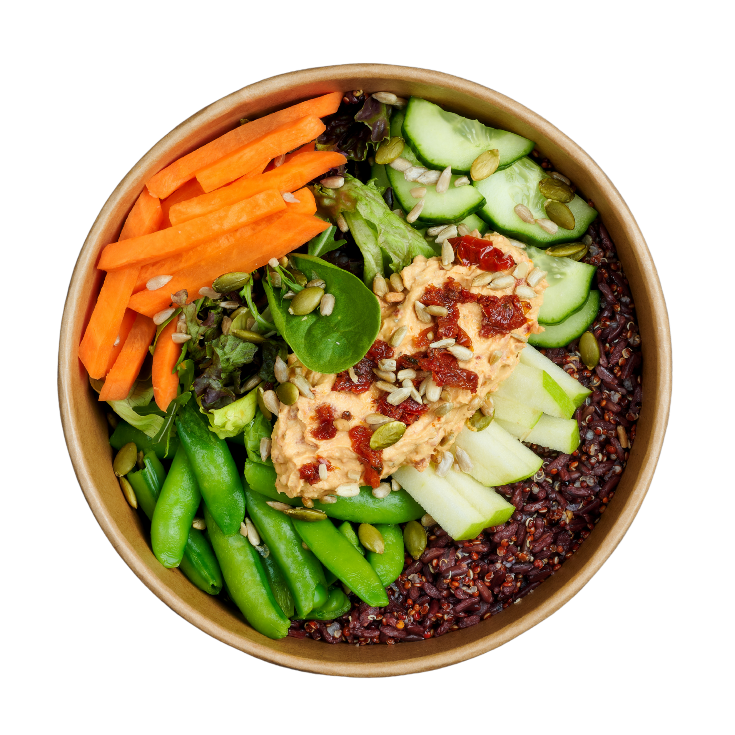 A round wooden bowl filled with various fresh vegetables including sliced cucumbers, shredded carrots, cherry tomatoes, mixed greens, and sprinkled sunflower seeds, with some hummus topped with tomato sauce and scattered quinoa grains. ZenBowl.