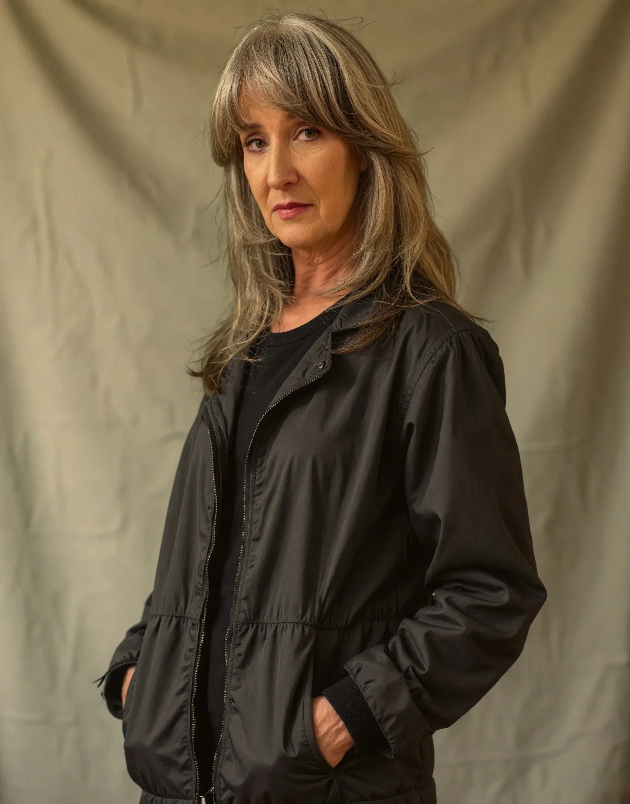 Cherri Coleman wearing a black jacket, standing against a textured beige background with one hand in her pocket.