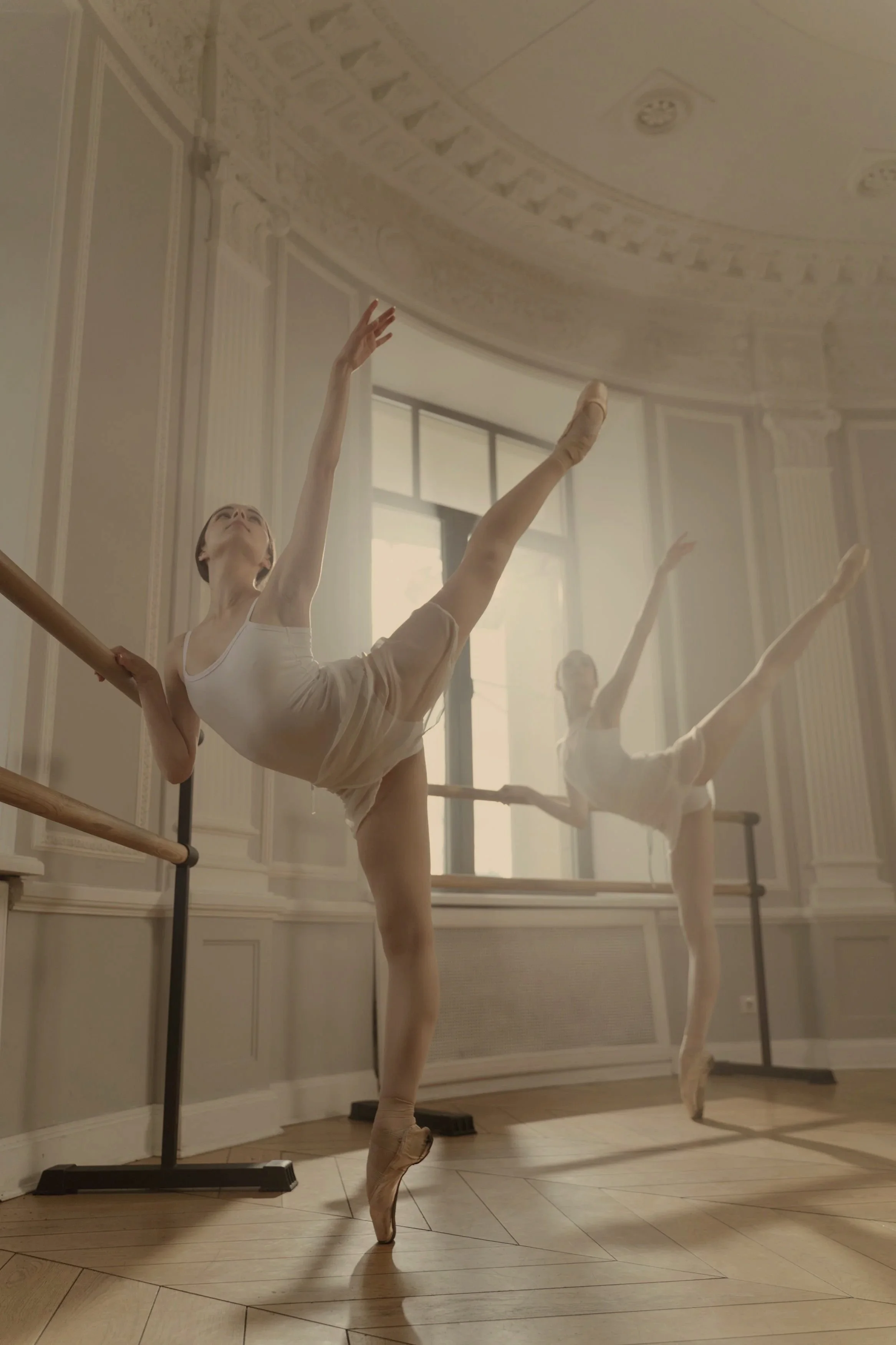 Two ballet dancers practicing at the barre in a sunlit classical studio.