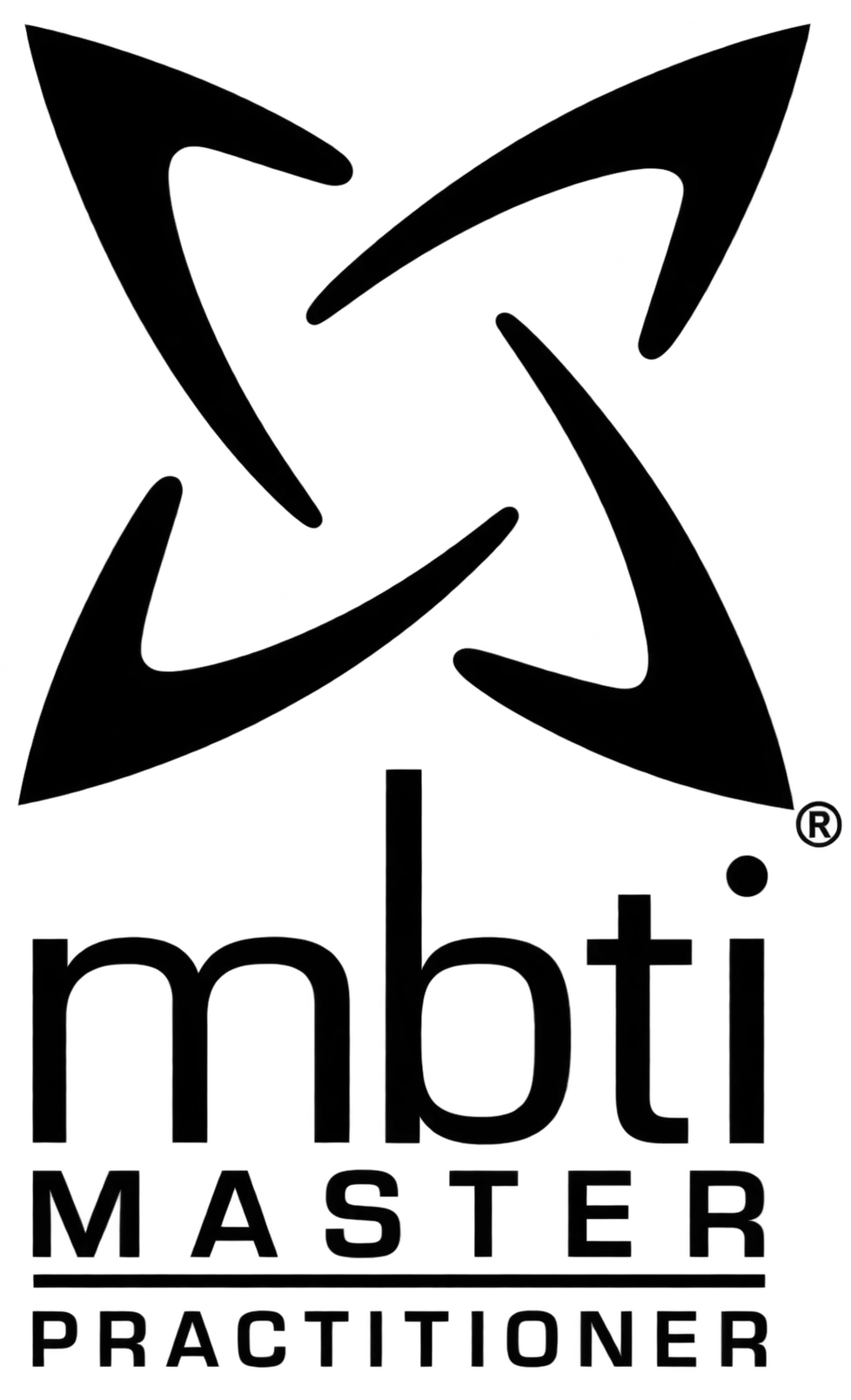 MBTI Master Practitioner logo with abstract black butterfly symbol.
