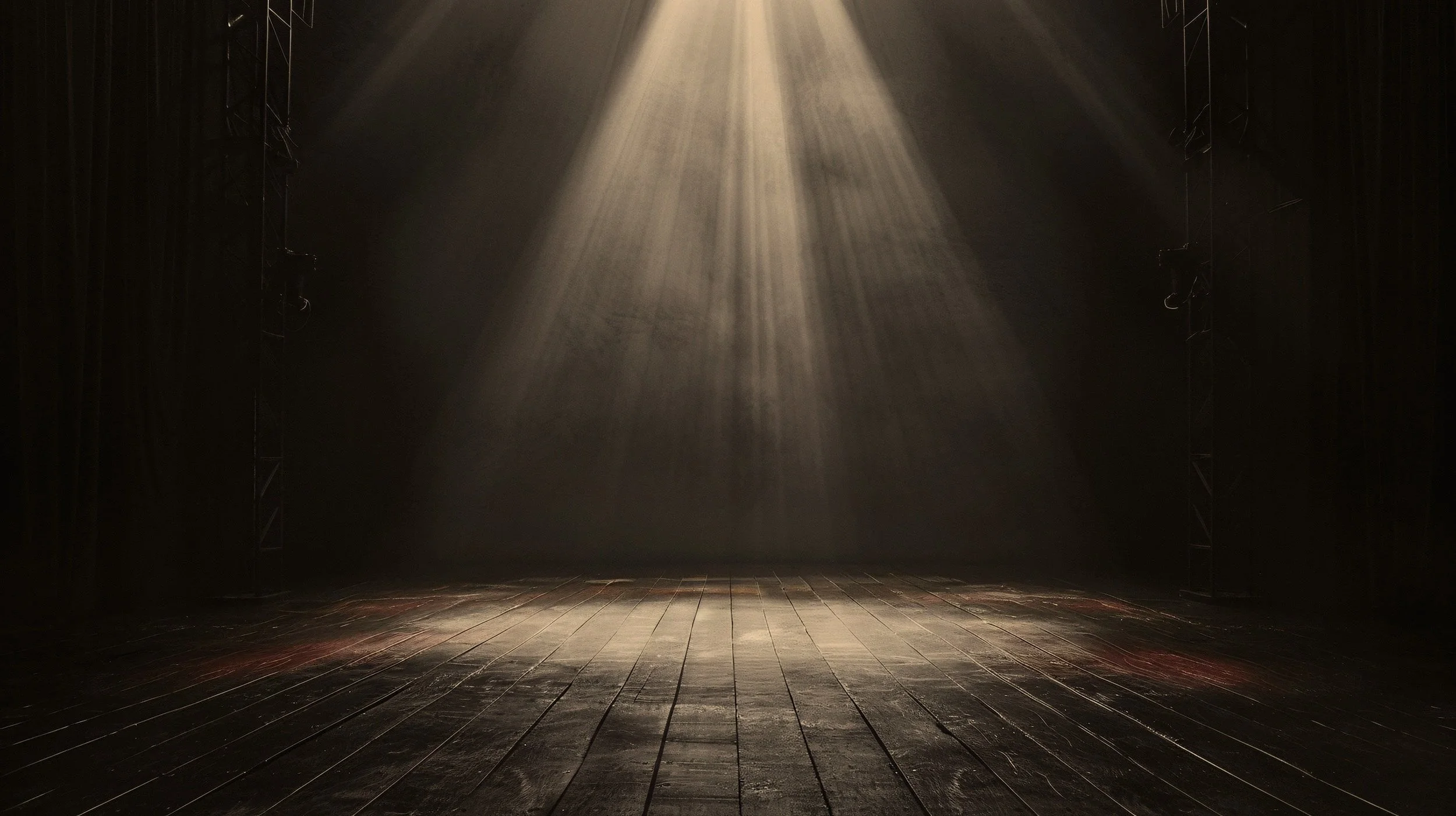 Empty stage with wooden floor, illuminated by a soft spotlight from above, with black curtains and stage equipment on the sides