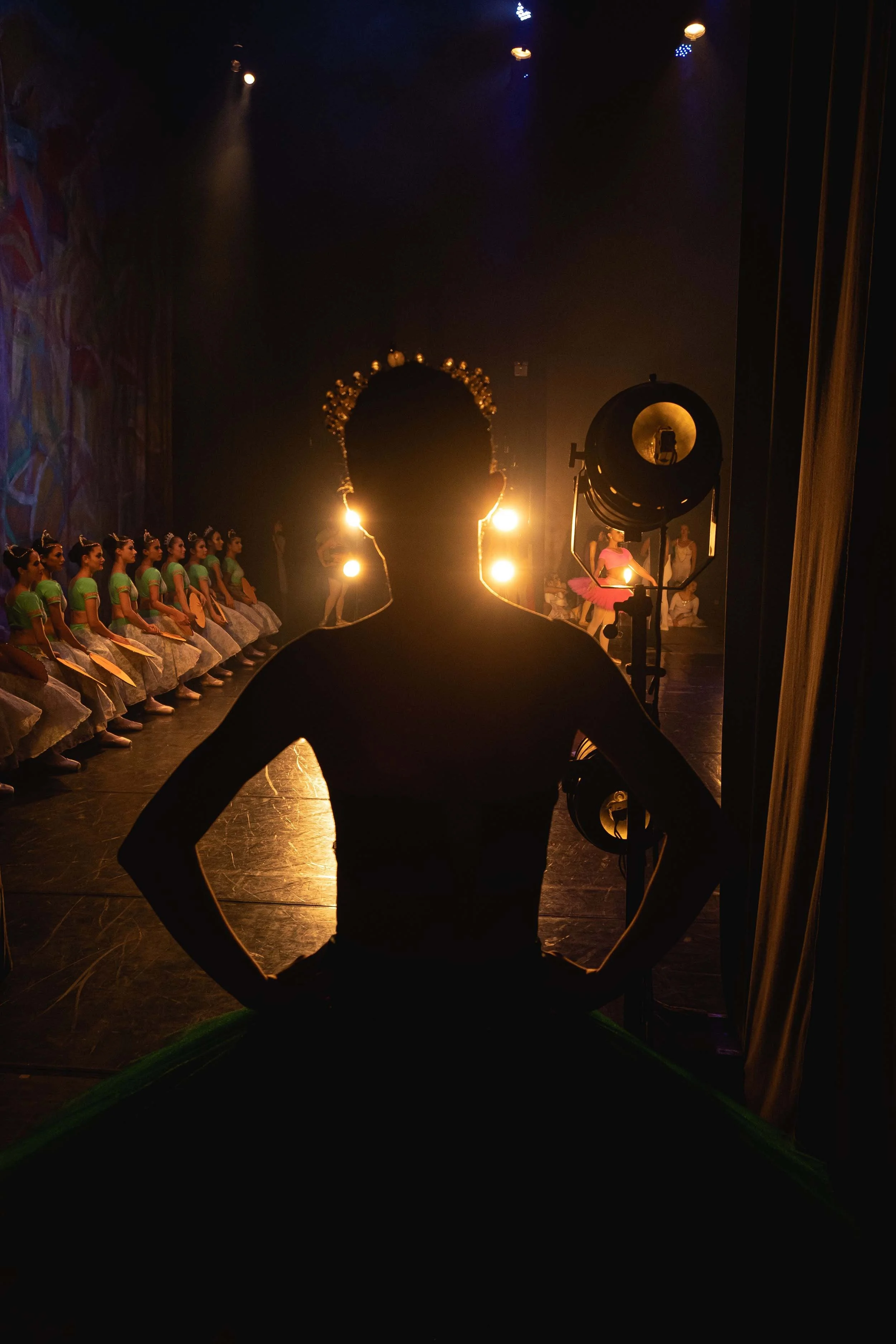 Ballet dancer silhouetted backstage, watching dancers lined up onstage.