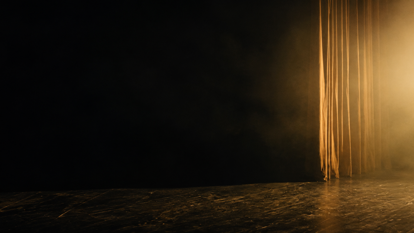 Stage with closed curtains and stage lights shining, creating a warm glow