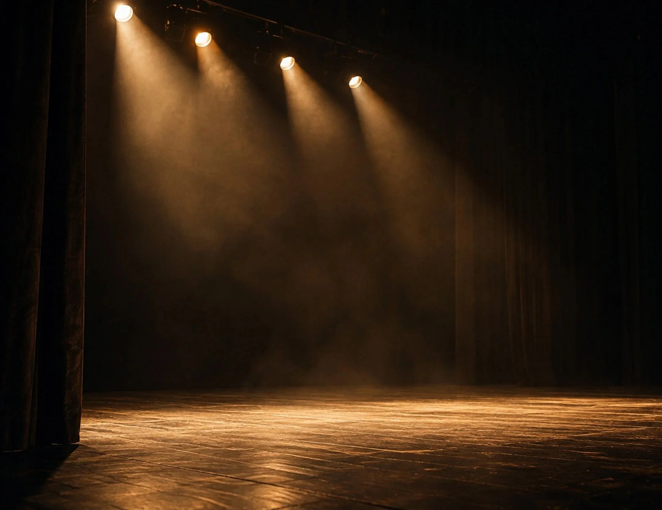 Empty stage with four spotlights shining downward, creating a warm light on the wooden floor. The background is dark with no visible performers.
