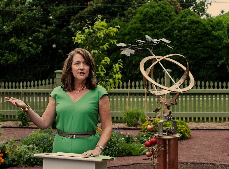 Former Tennessee First Lady Crissy Haslam with the Armillary Sphere at the Tennessee Governor’s Residence.
