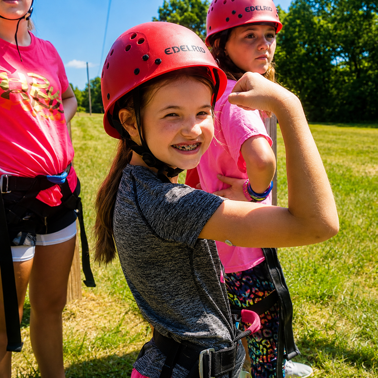 A girl wearing a red helmet and a gray and black shirt flexes her arm while smiling, standing outdoors on a sunny day. Other kids in helmets and colorful outfits are visible in the background.