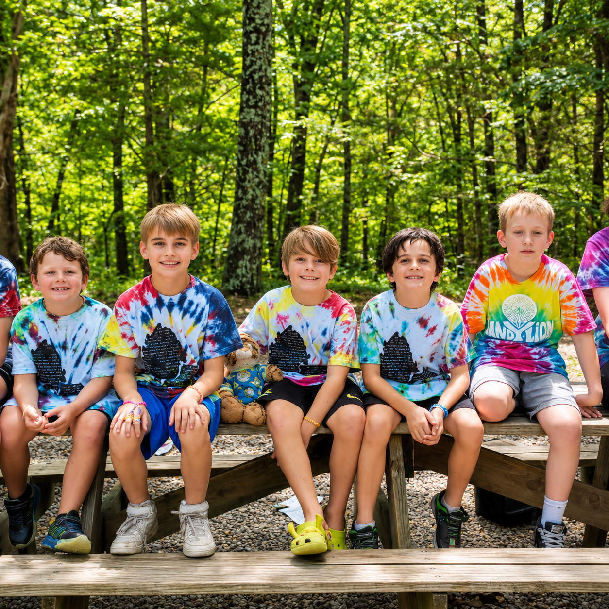Group of boys sitting on a wooden bench outdoors in a forest, wearing tie-dye shirts with a Land Lion logo, smiling.