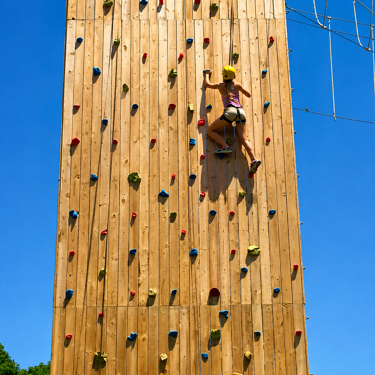 A woman rock climbing on an outdoor wooden climbing wall with colored holds, wearing a yellow helmet and athletic clothing, against a clear blue sky.