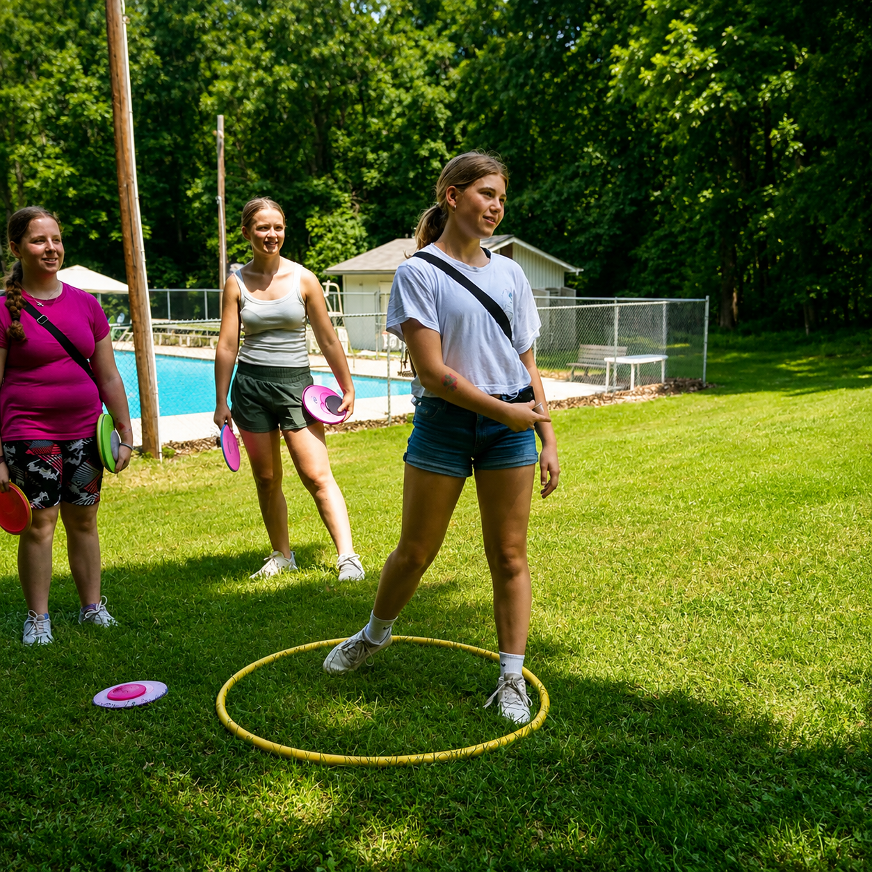 Girls participating in an outdoor game involving a hula hoop and frisbees near a swimming pool, surrounded by green trees and grassy area.