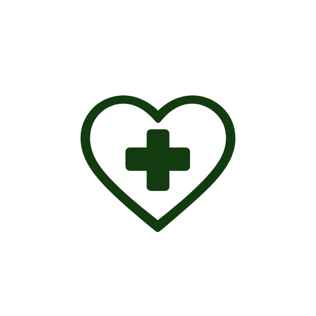 Green heart with a medical cross inside, on a black background.