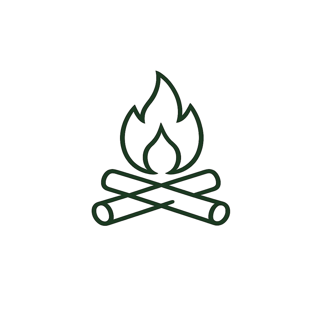 Neon outline of a campfire with flames and crossed logs on a black background.