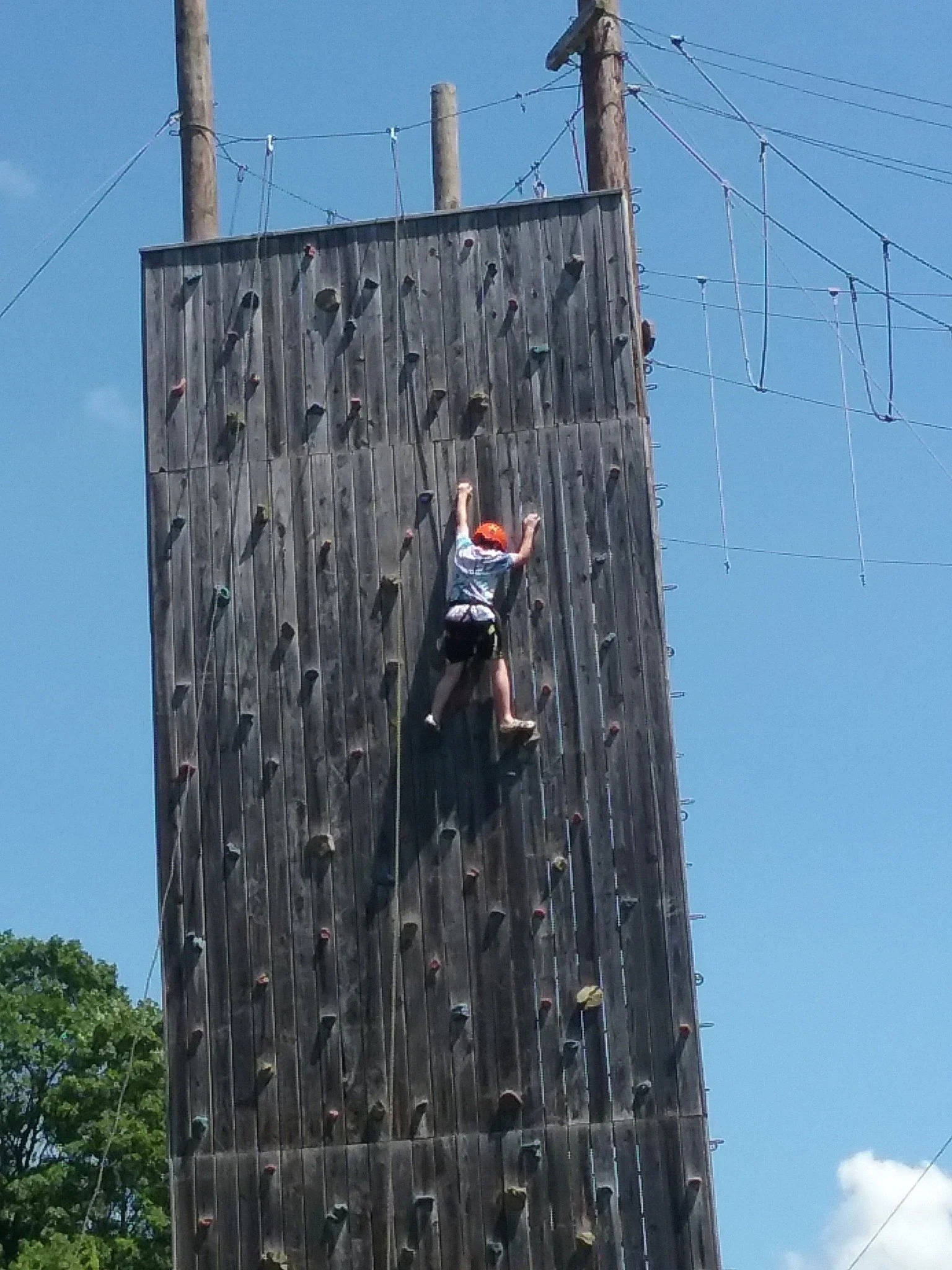 A person climbing an outdoor wooden rock climbing wall with a harness and helmet during daytime. The wall has various holds, and there are trees and power lines visible in the background under a blue sky.