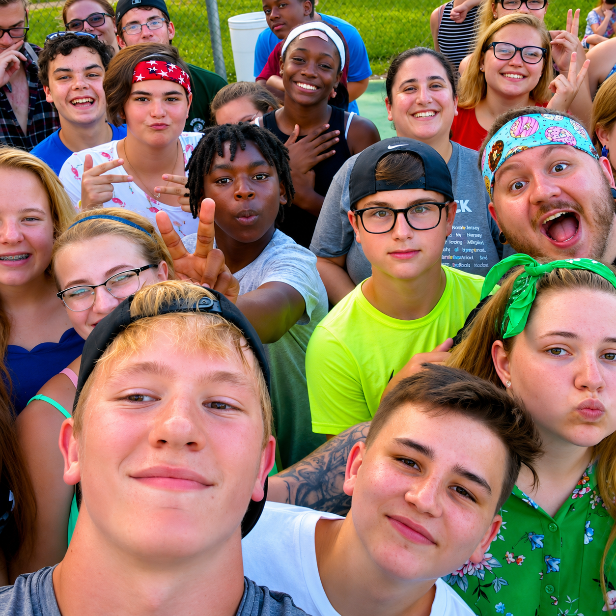 Group of diverse children and teenagers smiling and making playful gestures outdoors on a sunny day.