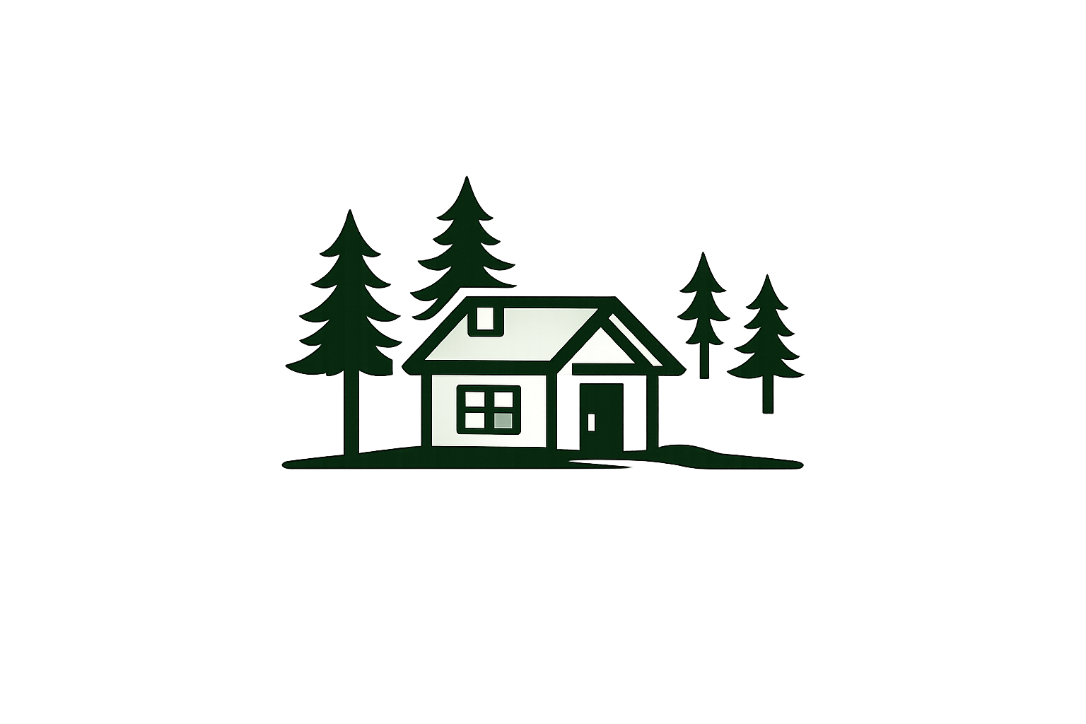 Simplified illustration of a small house with a chimney, surrounded by tall pine trees, set in a forested area.