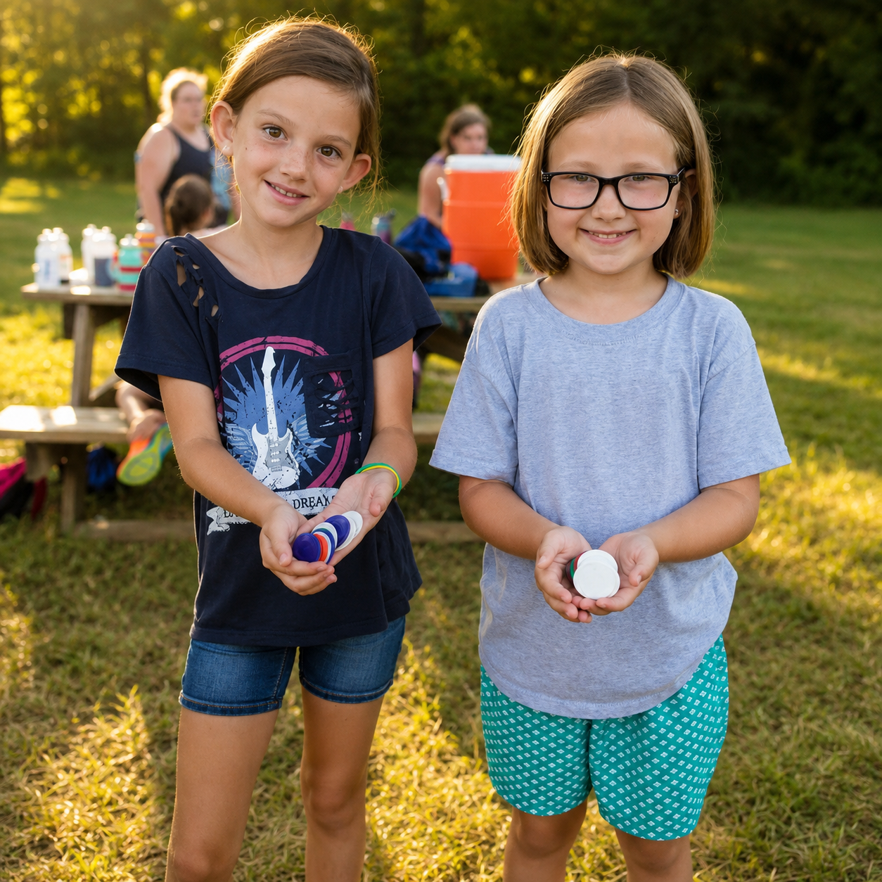 Two smiling young girls holding bottle caps outdoors during a sunny gathering, with others and picnic supplies in the background.