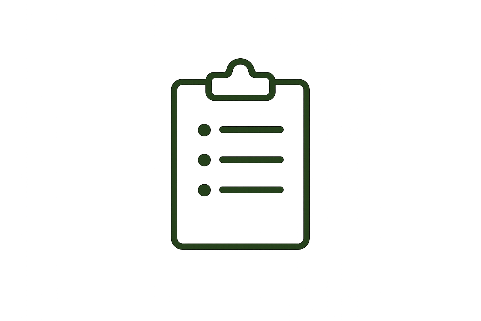 Green clipboard with three black buttons and two horizontal lines of text on a beige background.